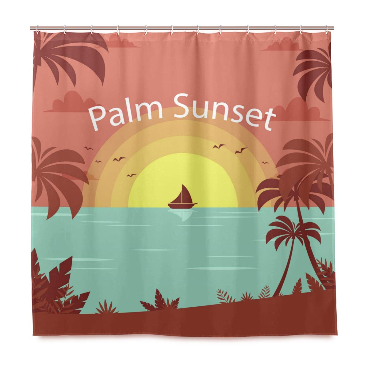 72x72 Tropical Hello Summer Leaves Waterproof Shower Curtain with Hooks - Bathroom Decor for Home, Beach & Vacation Themed Bathroom Accessories