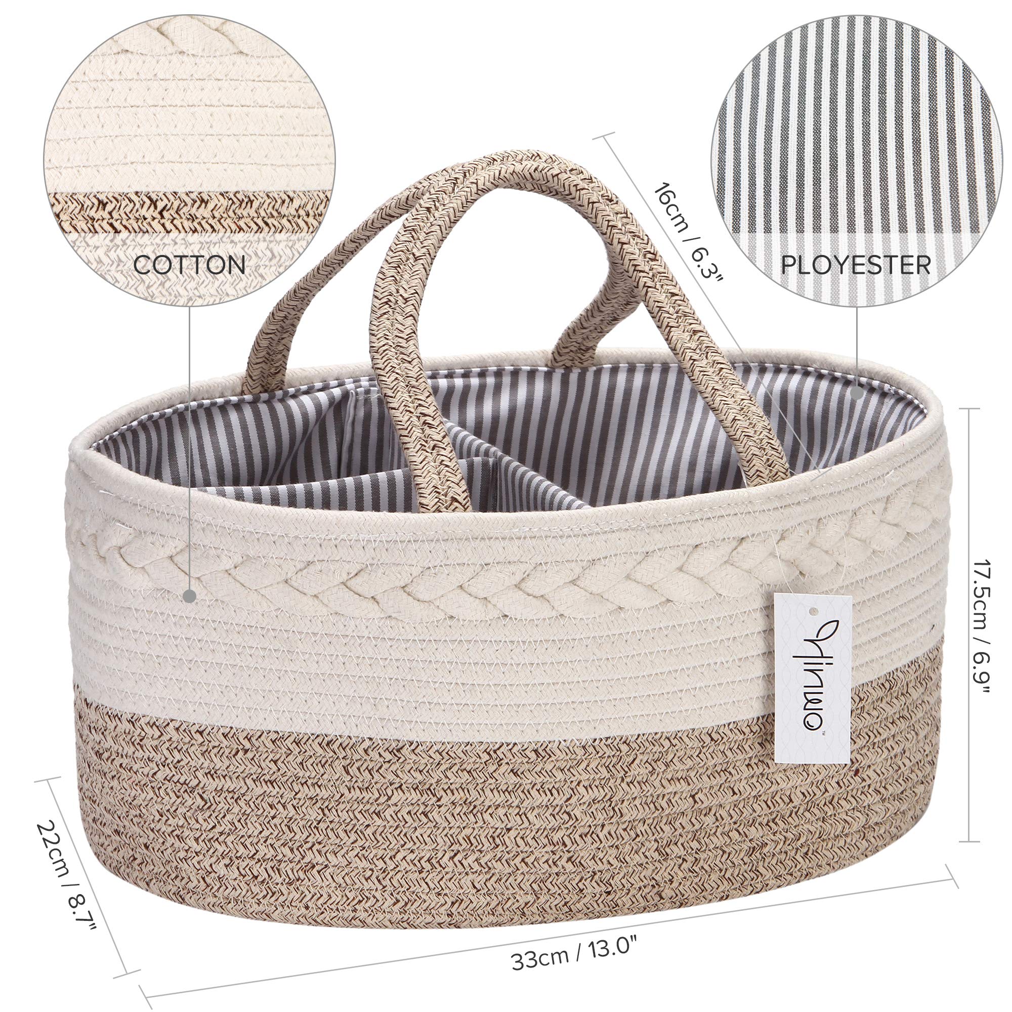 Hinwo Baby Diaper Caddy Organizer - 3 Compartments Portable Nursery Storage Basket for Newborn Essentials, Diapers, Wipes & Baby Shower Gifts | Detachable Cotton Divider, Car & Home Use