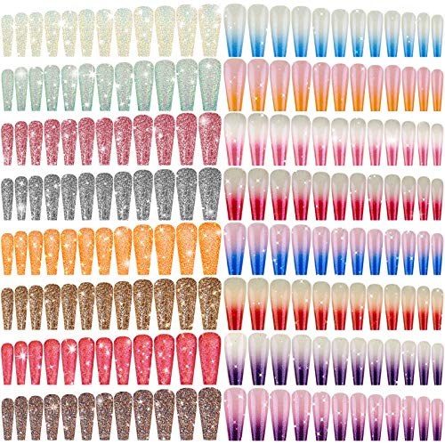 384-Piece Extra Long Press-On Nails Set - 16 Styles Ballerina Coffin Fake Nails with Glitter & Ombre Designs | Full Cover Acrylic Artificial Nails for DIY Nail Salon | Perfect for Women & Girls (Great for Parties, Weddings, and Special Occasions)