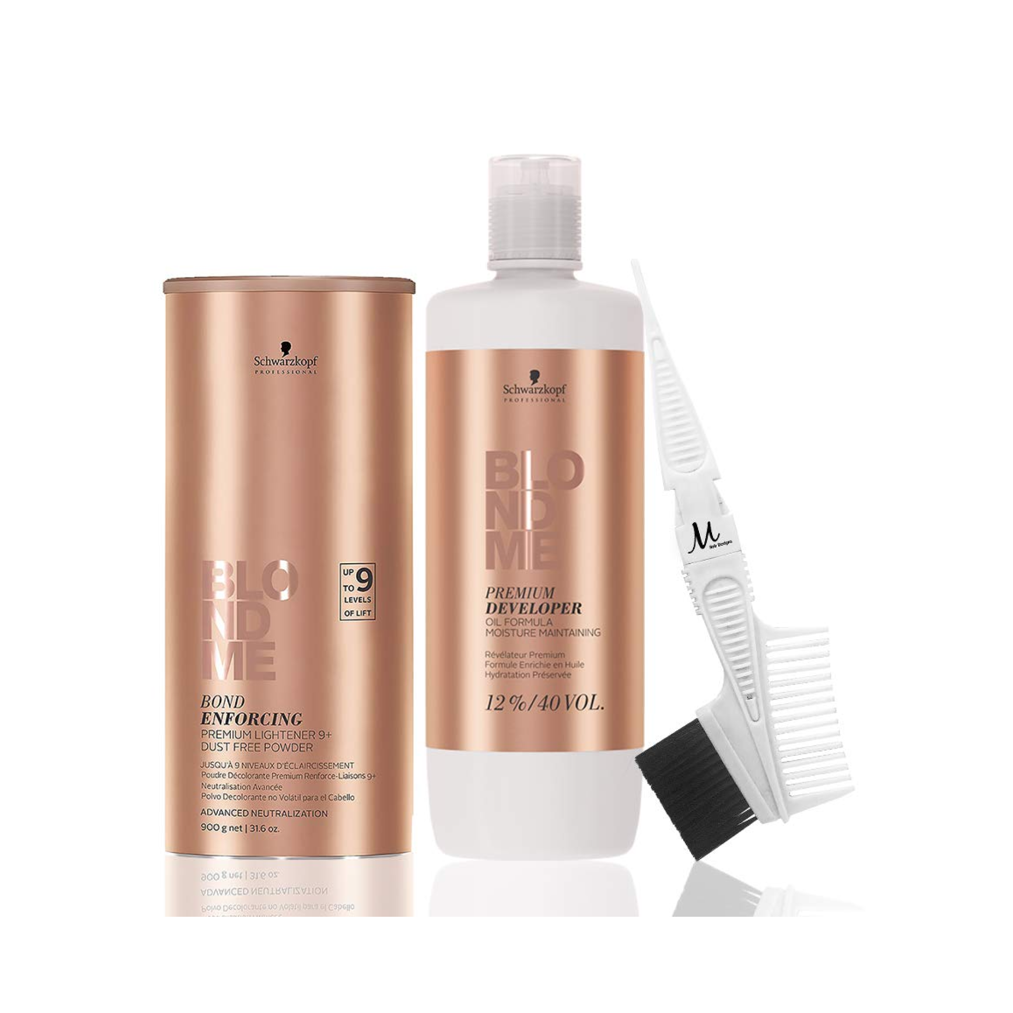 Premium BlondMe Powder Bleach Lightener 9+ with Bond Enforcing Technology, Dust-Free 900g + Schwarzkopf BlondMe 12% / 40 Volume Developer 1L + M Hair Designs Tint Brush & Comb Kit - Professional Hair Lightening & Coloring Bundle for Salon & Home Use