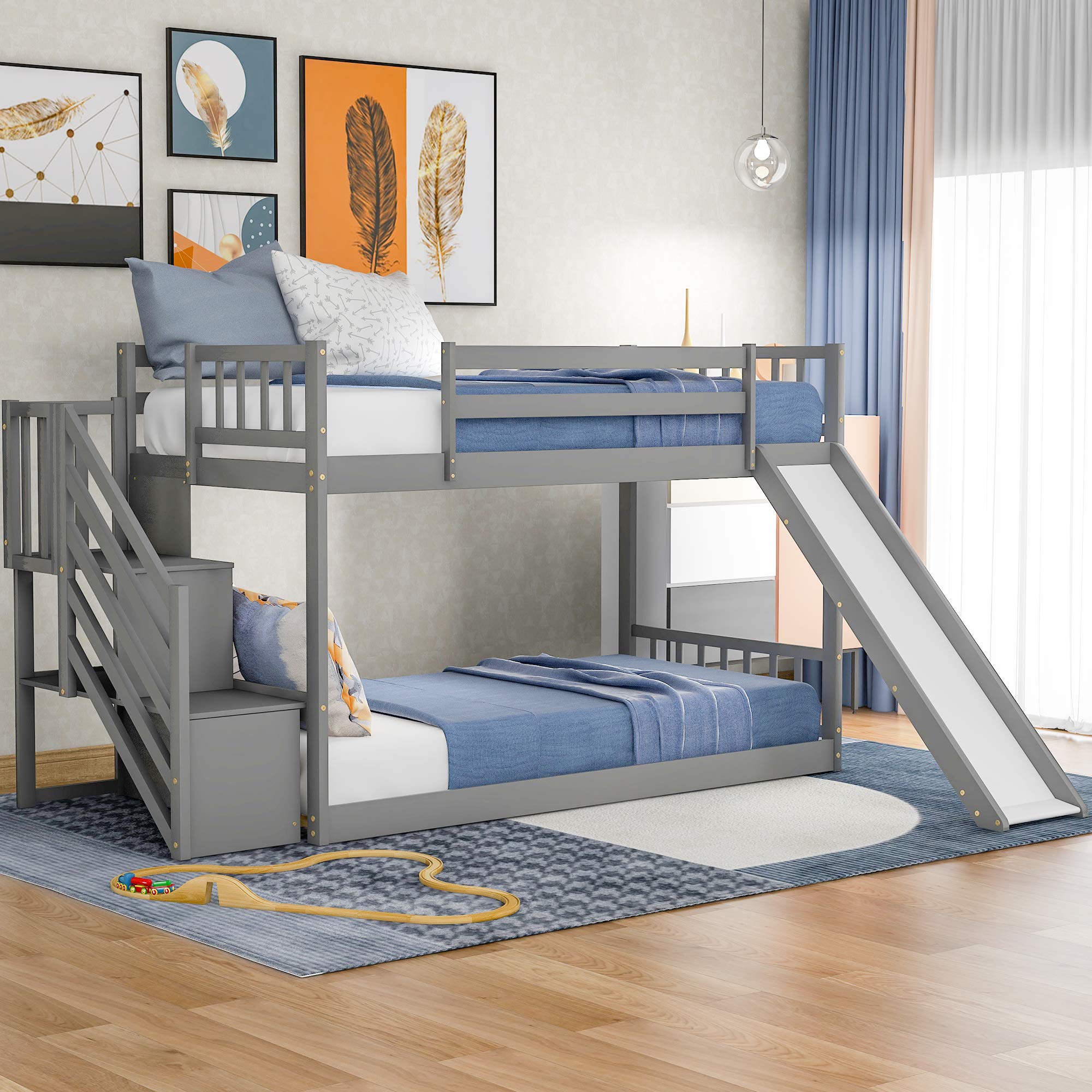 **Low Twin Over Twin Bunk Bed for Kids & Teens - Wooden Bunk Bed Frame with Storage & Slide, Space-Saving & Fun (Gray) - Perfect for Small Bedrooms, Shared Kids' Rooms & Sleepovers**