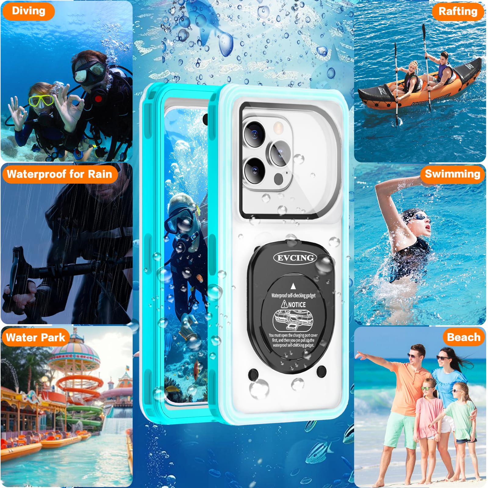 Waterproof Phone Case IPX8 - Underwater Diving & Snorkeling Protection for iPhone 16 Pro Max/15/14/Galaxy S24 (Up to 6.9 Inch) - 360° Full Body Shockproof Cover - Perfect for Beach, Pool, Cruise & Water Sports (Cyan Blue)