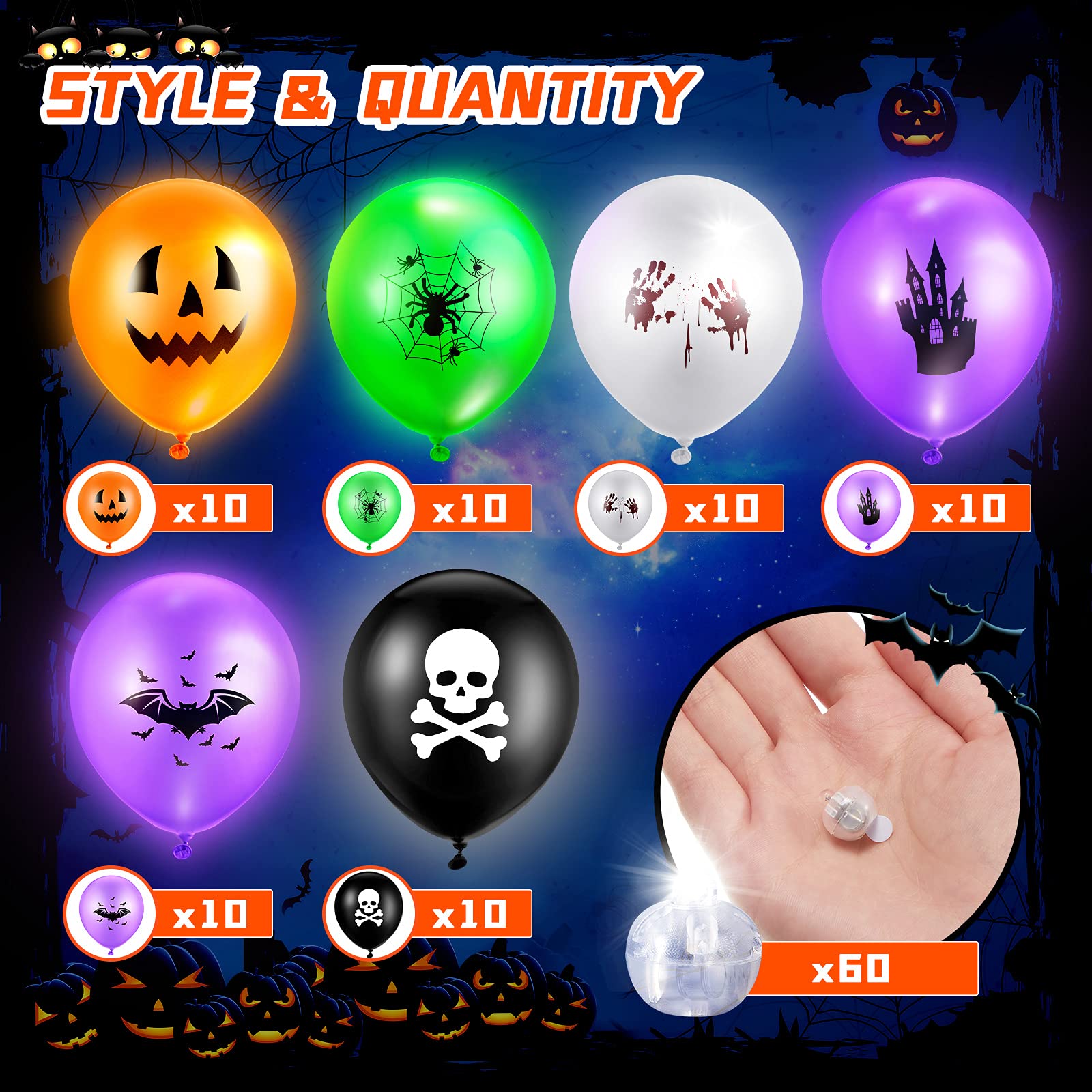 60 Pack Halloween LED Balloons Glow in The Dark - Round Latex Balloons with Lights for Halloween Party Decorations, Wedding, Birthday, Dance Party - Spooky Indoor & Outdoor Decor
