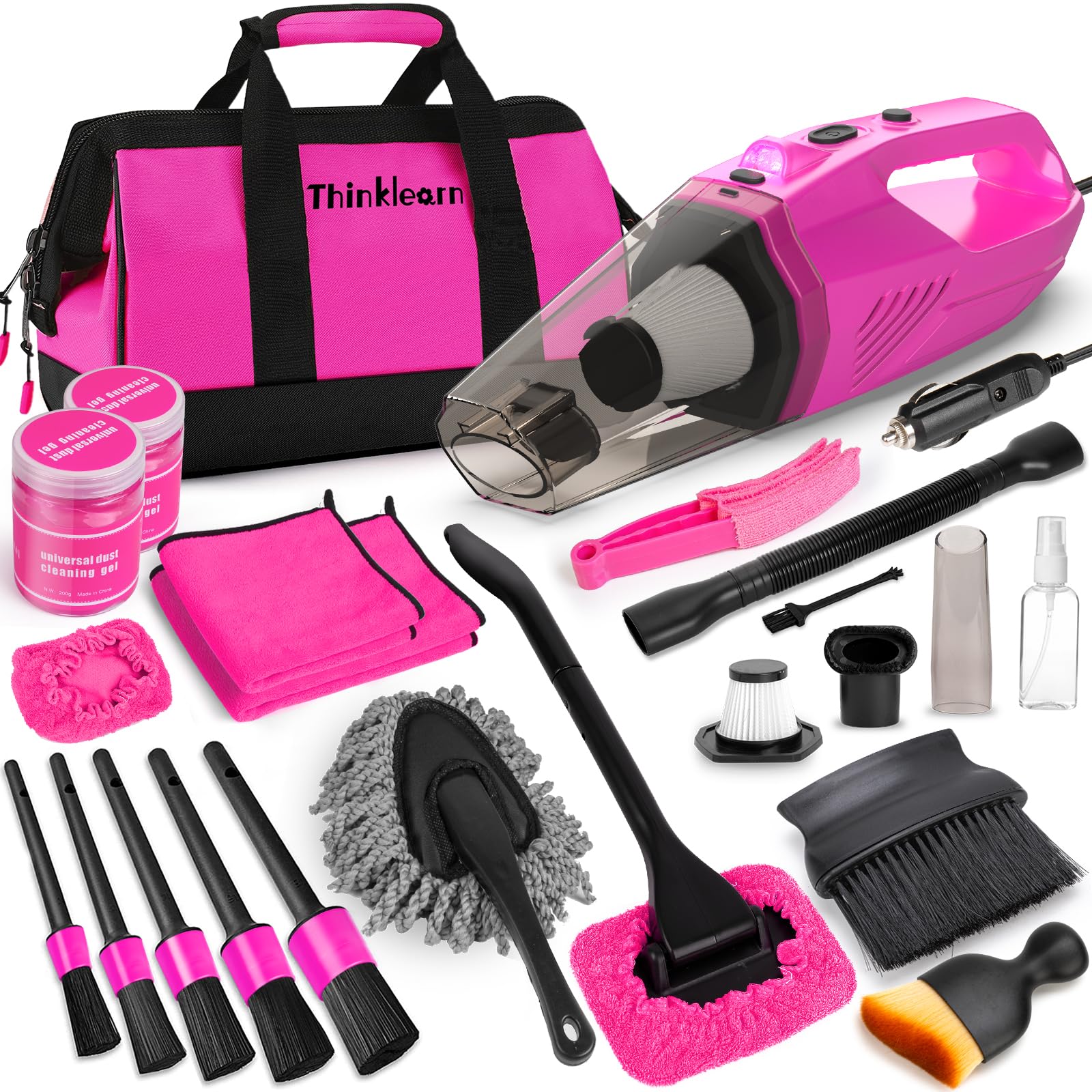 **Powerful Handheld Car Vacuum Cleaner with 7-Piece Detailing Brush Set – Portable Auto Interior Cleaning Kit for Cars, Trucks & SUVs – Includes Pink Storage Bag for Women (Perfect for Home, Office & Travel)**