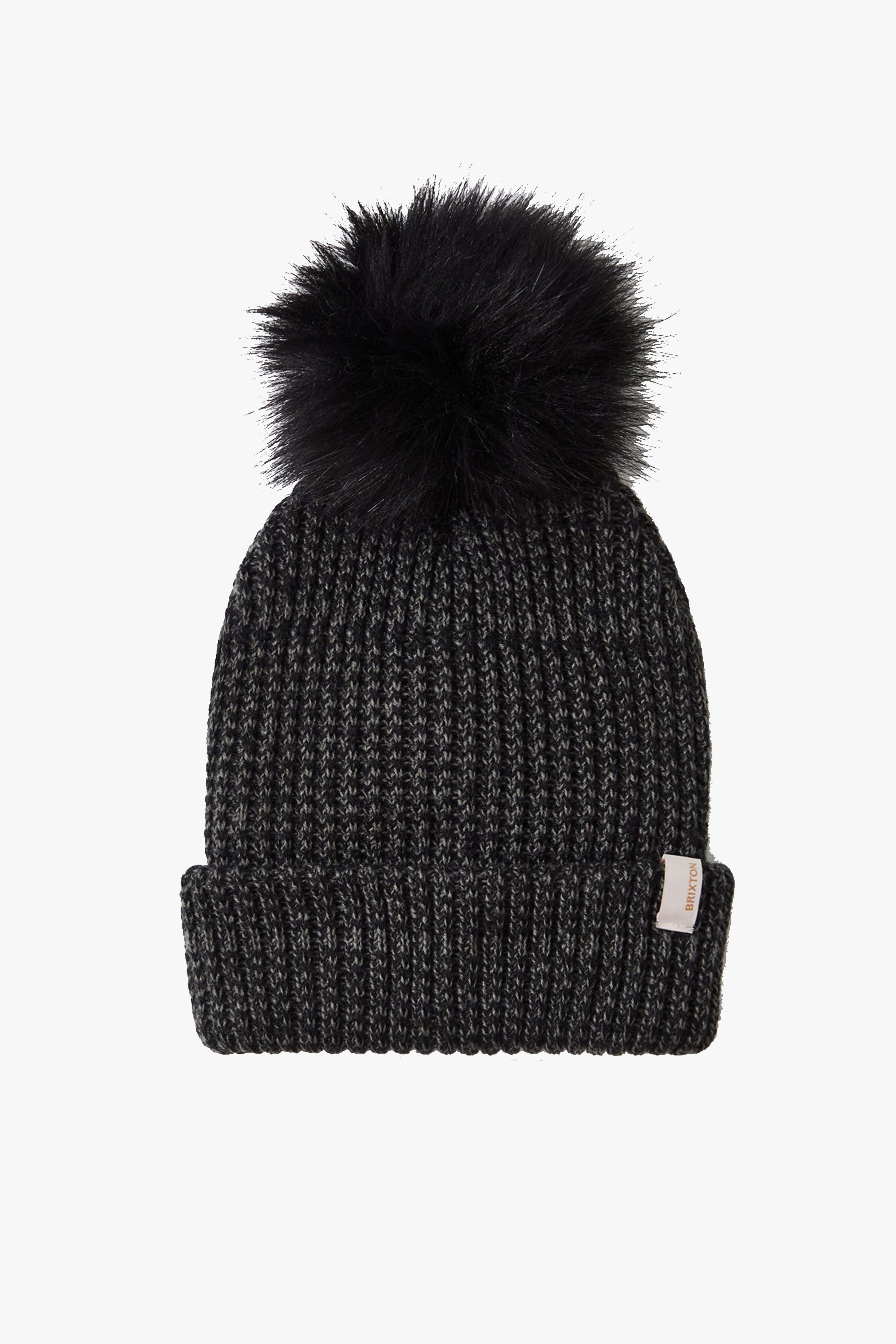 Alison Black Grey Beanie with Pompom - Winter Knit Hat for Women & Men - Cozy Warm Fleece Lined Beanie for Outdoor Activities, Skiing, Snowboarding