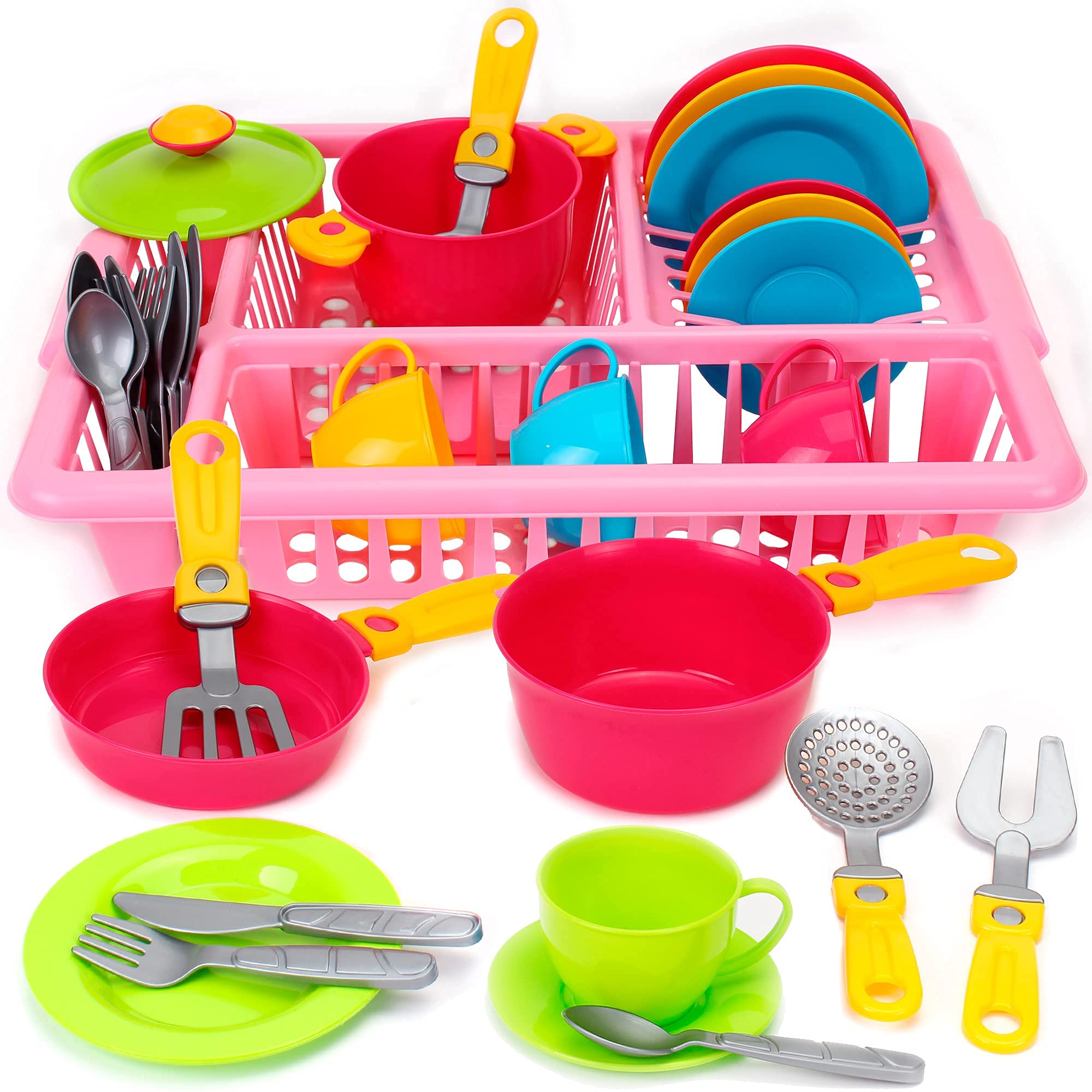 **33-Piece Kids Pretend Play Kitchen Dishes Set with Drainer - Colorful Toy Cookware & Tableware for Toddlers - Durable Plastic Play Food Dishes for Girls & Boys - Perfect for Role Play, Tea Parties & Learning (Pink)**