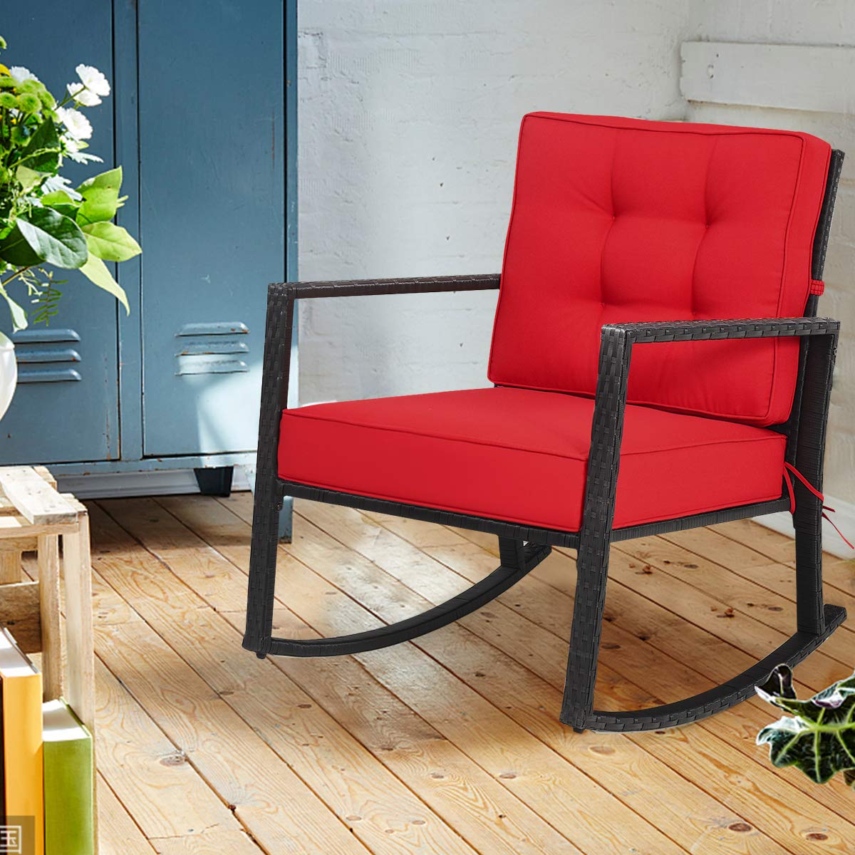 Hysache Patio Rocking Chair - Rattan Wicker Rocking Armchair with Thick Cushion & Sturdy Steel Frame - Outdoor Wicker Furniture for Poolside, Garden, Porch, Backyard (Red) - Perfect for Relaxing, Sunbathing & Outdoor Lounging