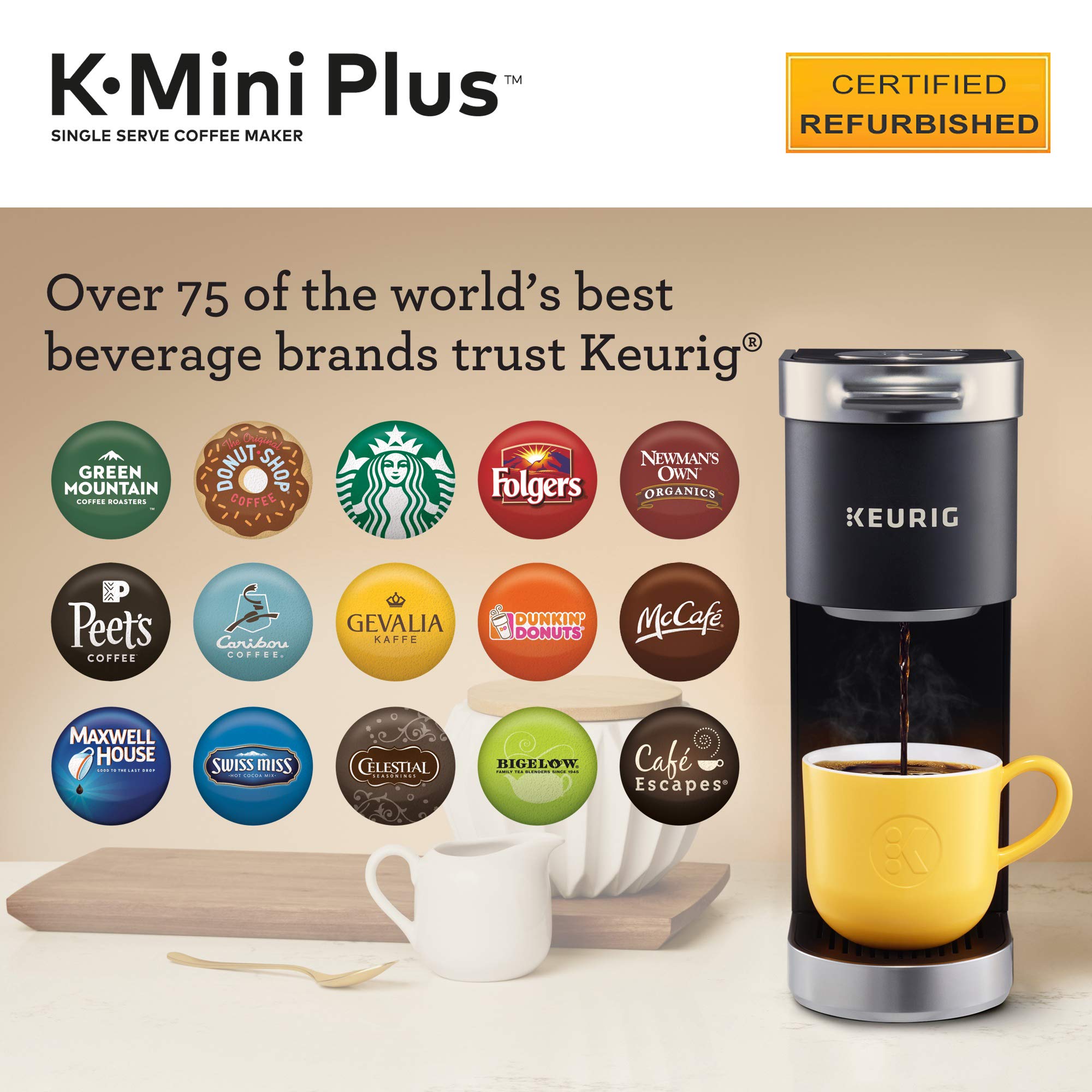 Certified Refurbished Keurig K-Mini Plus Single Serve Coffee Maker - Black (Renewed) | Compact Design for Home, Office & Dorm Use | Fast Brewing with No Water Reservoir
