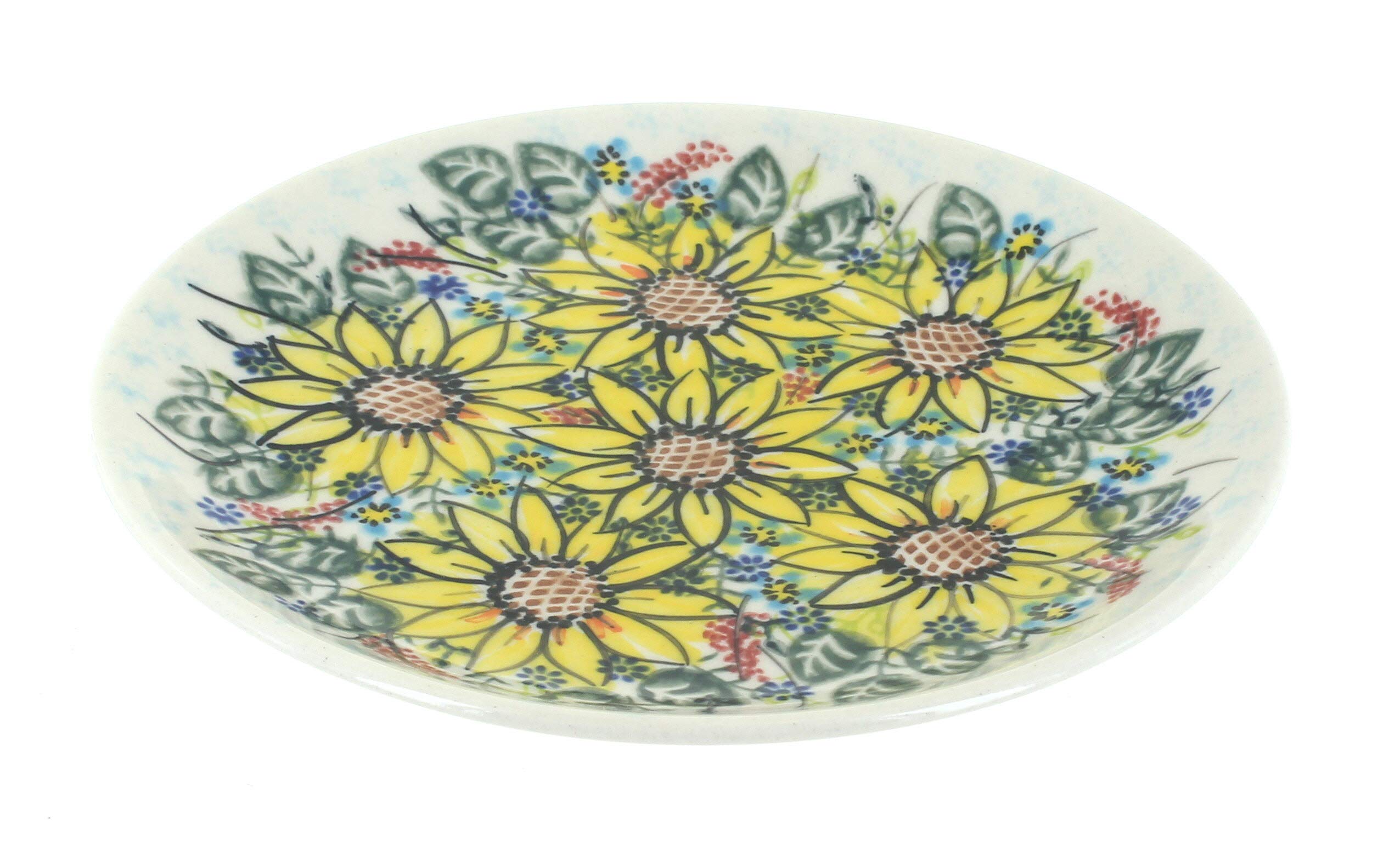 Blue Rose Polish Pottery Sunflower Maze Dessert Plate - Handmade Ceramic Plate for Cake, Dessert, Cheese - Perfect for Afternoon Tea, Party Serving, and Home Decor