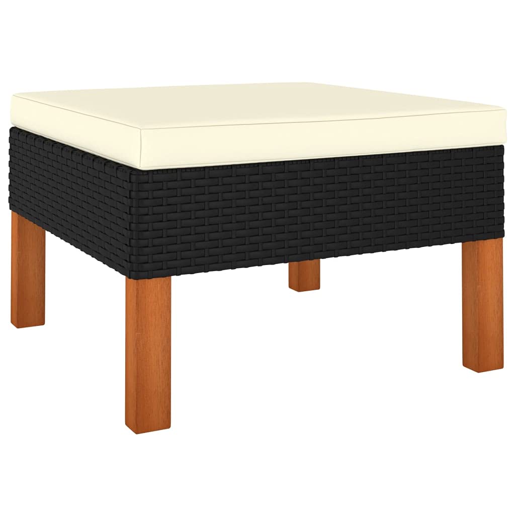 Elegant Poly Rattan Footstool with Solid Eucalyptus Wood Frame - Outdoor Sofa & Patio Seating Furniture with Cushioned Upholstery for Backyard, Porch, Balcony - Perfect for Relaxing, Sunbathing, and Outdoor Entertaining