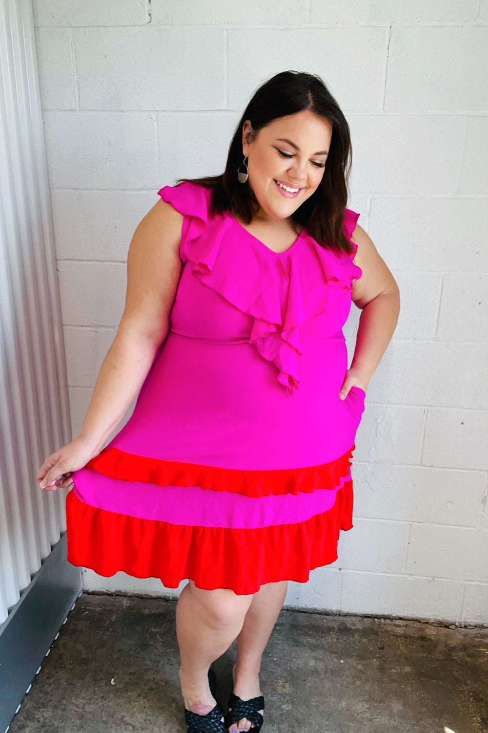 Fuchsia Ruffle V-Neck Crepe Tiered Midi Dress for Women - Flowy Party & Wedding Guest Outfit - Elegant Cocktail & Summer Dresses