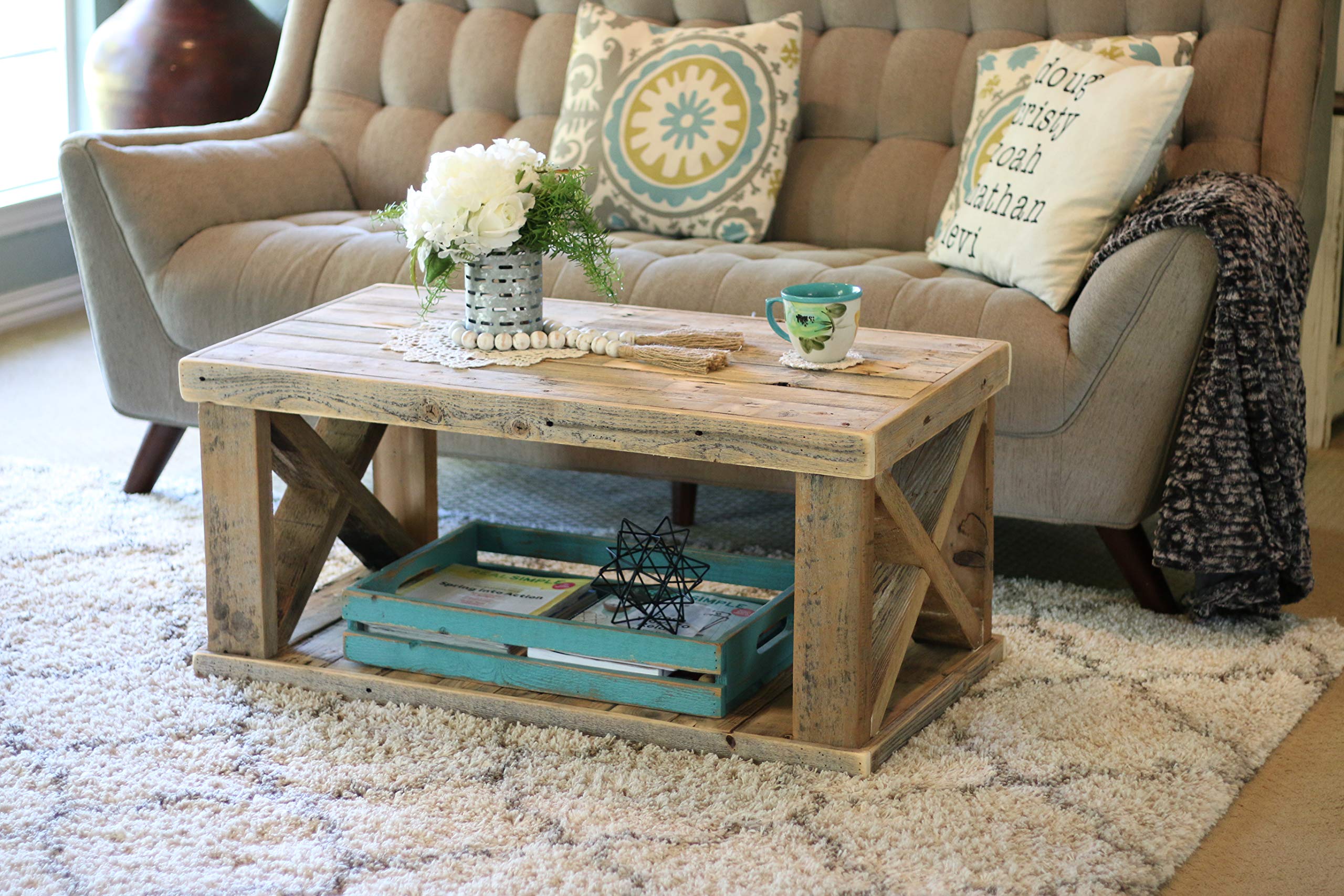 Doug and Cristy Designs Natural Wooden X Leg Coffee Table - Modern Farmhouse Style for Living Room, Lounge & Office Decor
