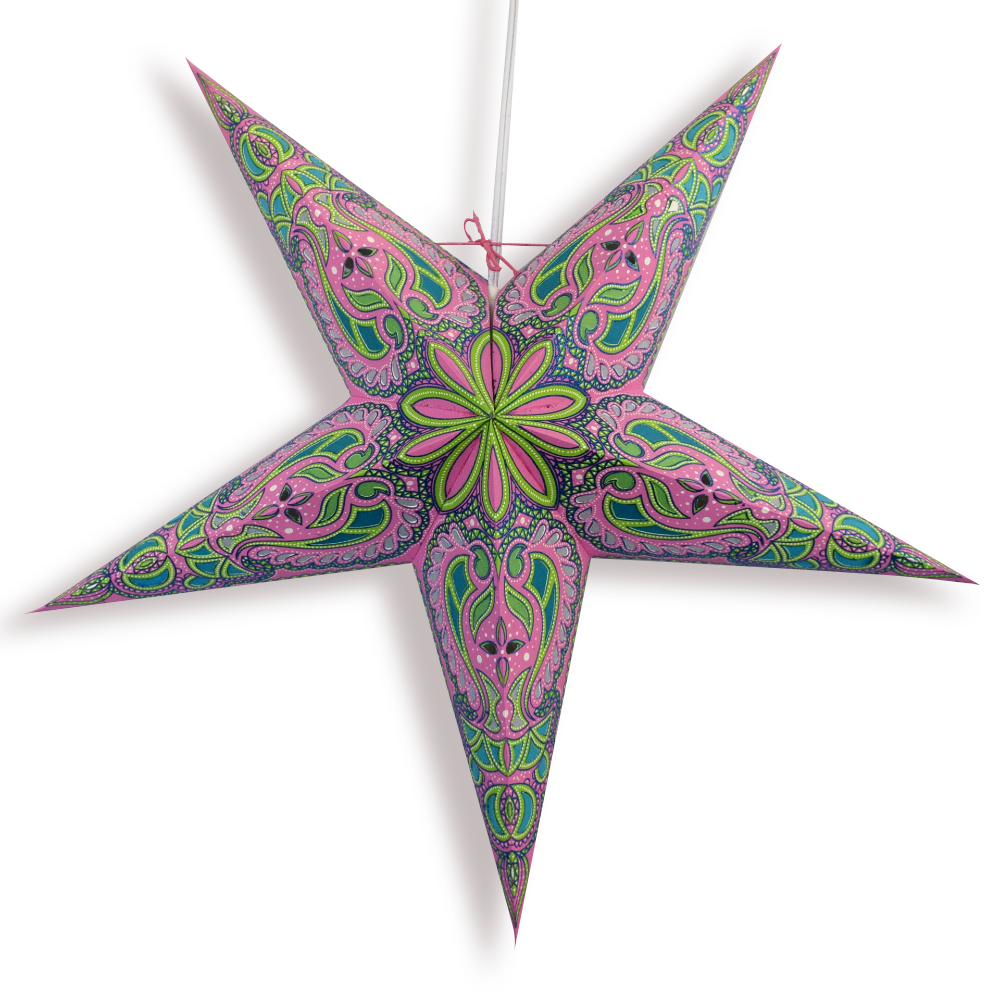 24 Pack Pink & Green Alaskan Glitter Paper Star Lanterns - Hanging Wedding Party Decorations for Indoor & Outdoor Celebrations, Baby Showers, Christmas, and Festive Events