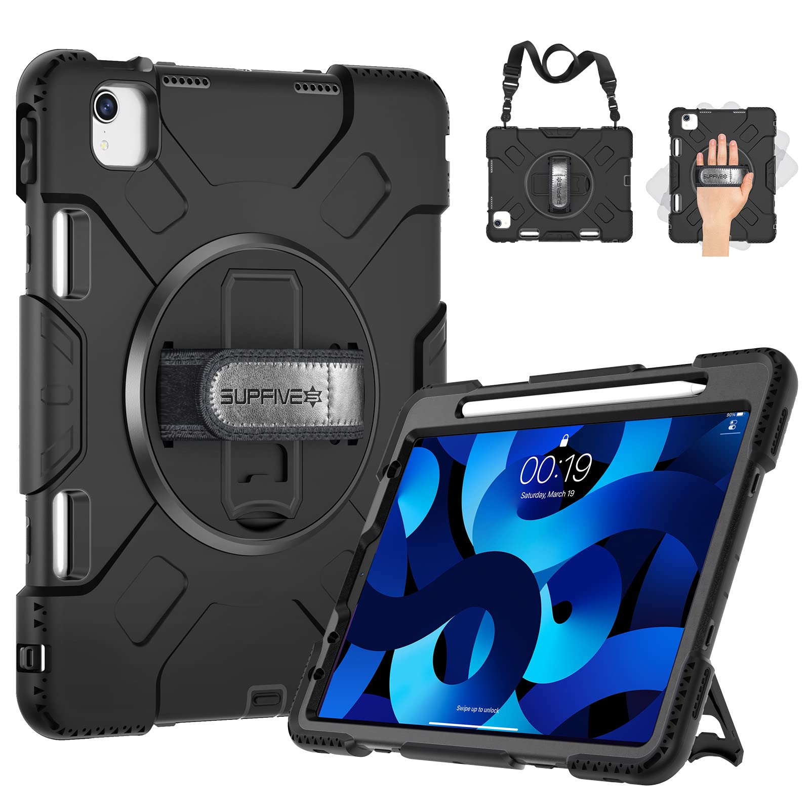 SUPFIVES Military Grade Protective Case for iPad Air 5th Generation 10.9 Inch (2022) & iPad Air 4th Gen/iPad Pro 11 - Shockproof Silicone Cover with Pencil Holder, Rotating Stand, Handle & Shoulder Strap (Black) - Perfect for Travel, Work & School Use