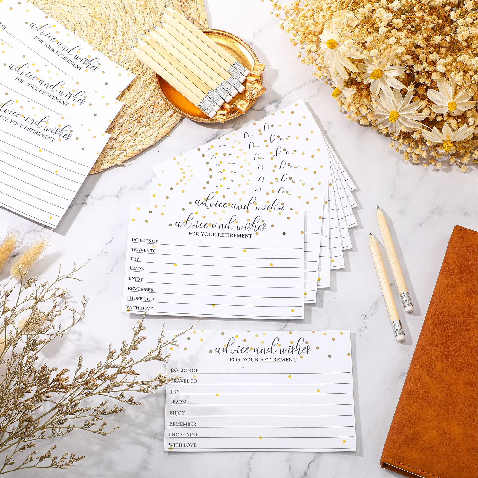 50-Piece Gold Retirement Party Advice & Wishes Cards Set with 10 Mini Pencils & Place Card - Perfect for Retirement Celebrations, Decorations & Guest Activities (Ideal for Office Farewells, Milestone Parties & Retirement Gifts)