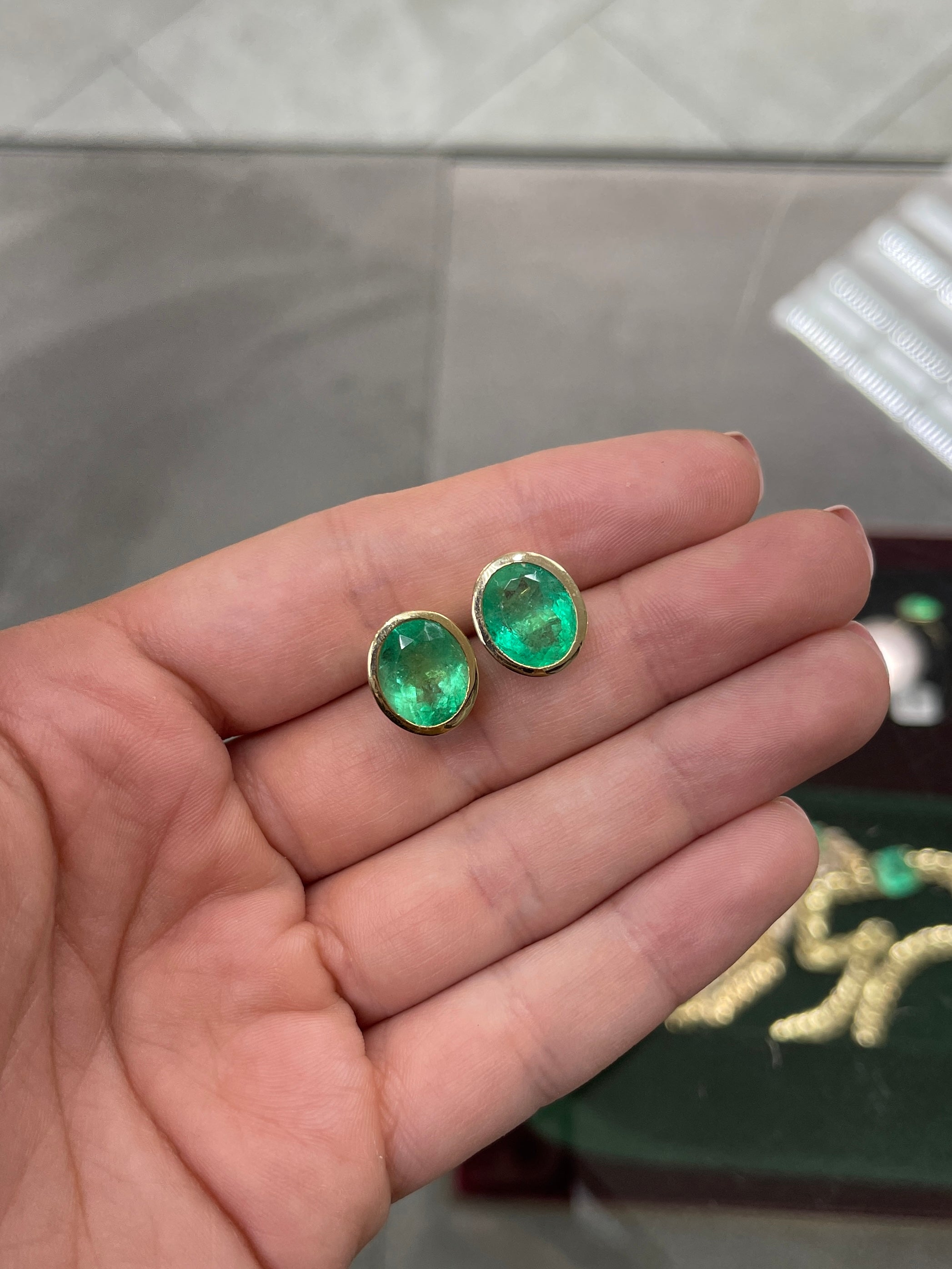 10.45tcw Colombian Emerald Oval Cut Bezel Set Earrings in 14K Gold - Vintage Heirloom Jewelry for Weddings & Special Occasions