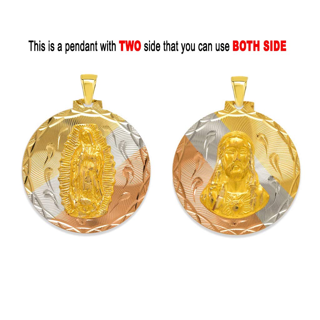 14K Gold Tricolor Round Guadalupe & Sacred Heart Two-Sided Catholic Pendant Necklace - Religious Jewelry for Women & Men, 27mm - Perfect for Baptism, First Communion & Spiritual Protection Gifts