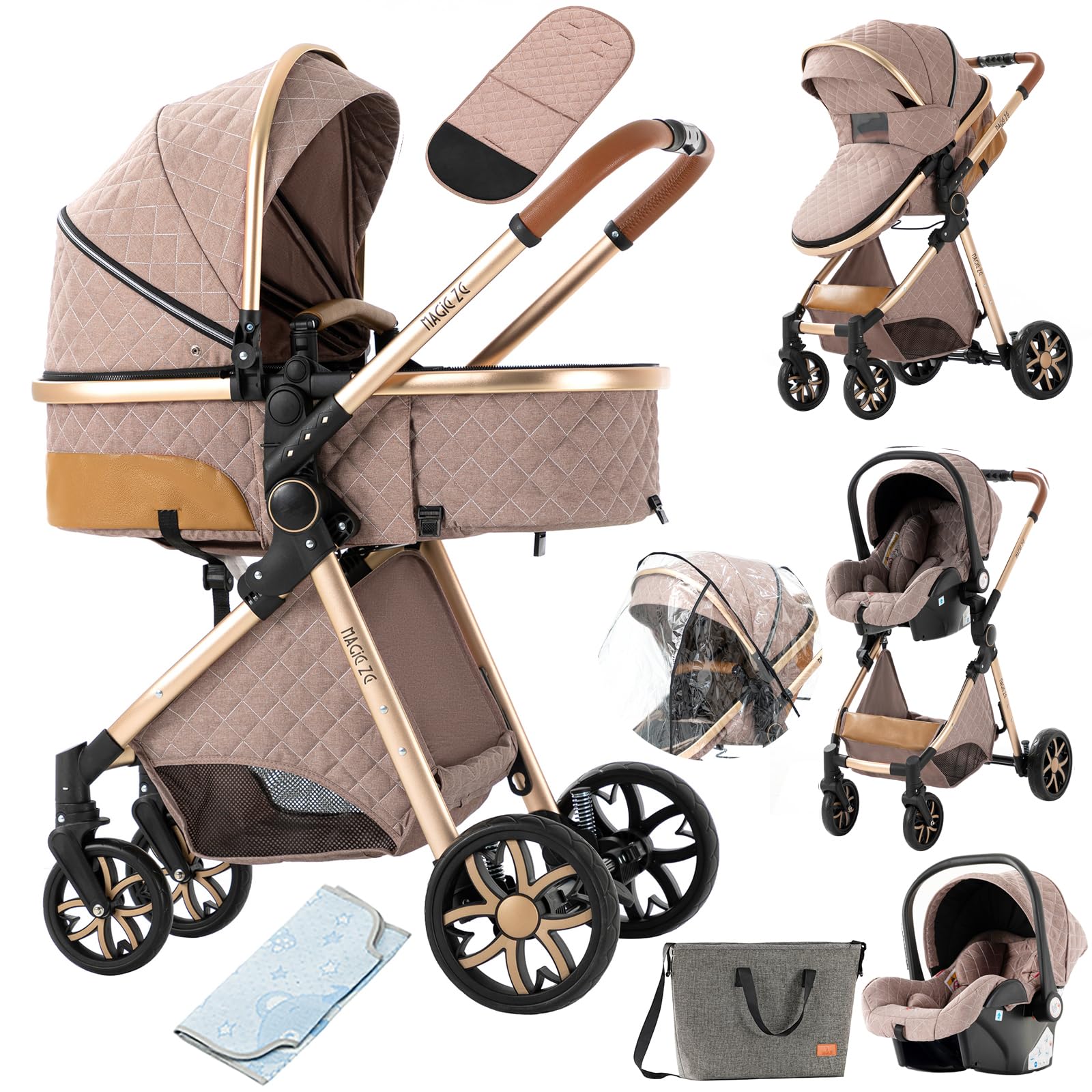 3 in 1 Baby Travel System - Reversible Stroller, Foldable Luxury Pram Buggy for Newborn & Toddler, Portable Pushchair with High Landscape View (MGV9-KHAKI Without Base) - Perfect for Shopping, Travel & Daily Walks