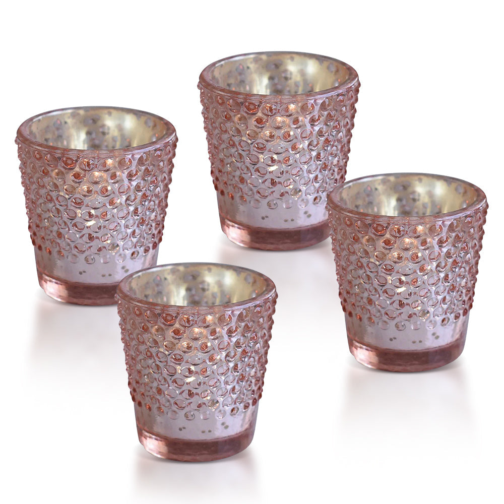 4 Pack Hobnail Design Mercury Glass Candle Holders (2.25 Inch) - Rose Gold Pink Vintage Tea Light Holders for Wedding Centerpieces, Home Decor, Party Table Decorations & Romantic Ambiance Lighting