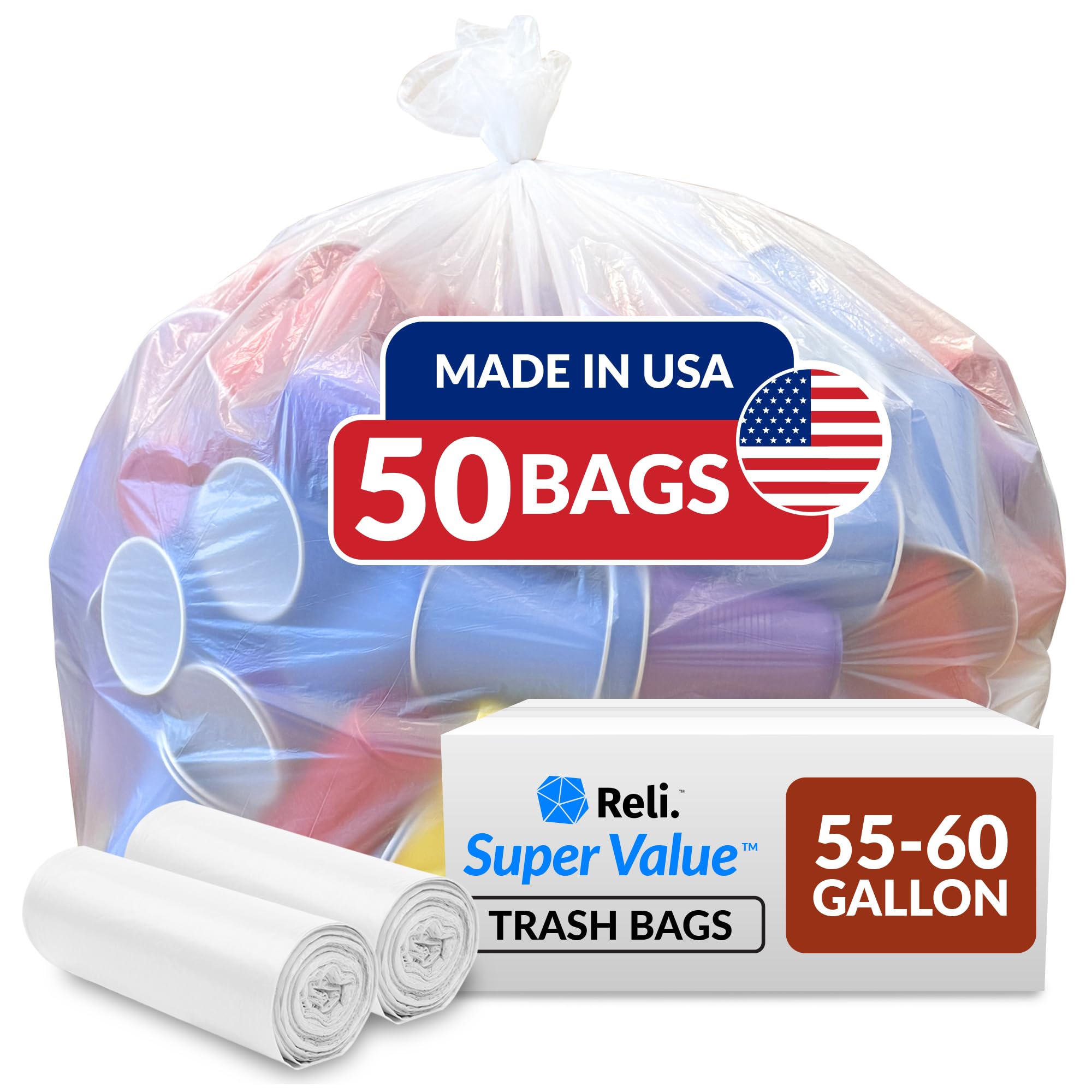 Reli. SuperValue 55-60 Gallon Heavy Duty Trash Bags - 50 Count | Clear Multi-Use Garbage Bags | Made in USA | Perfect for Kitchen, Office, Commercial & Outdoor Use