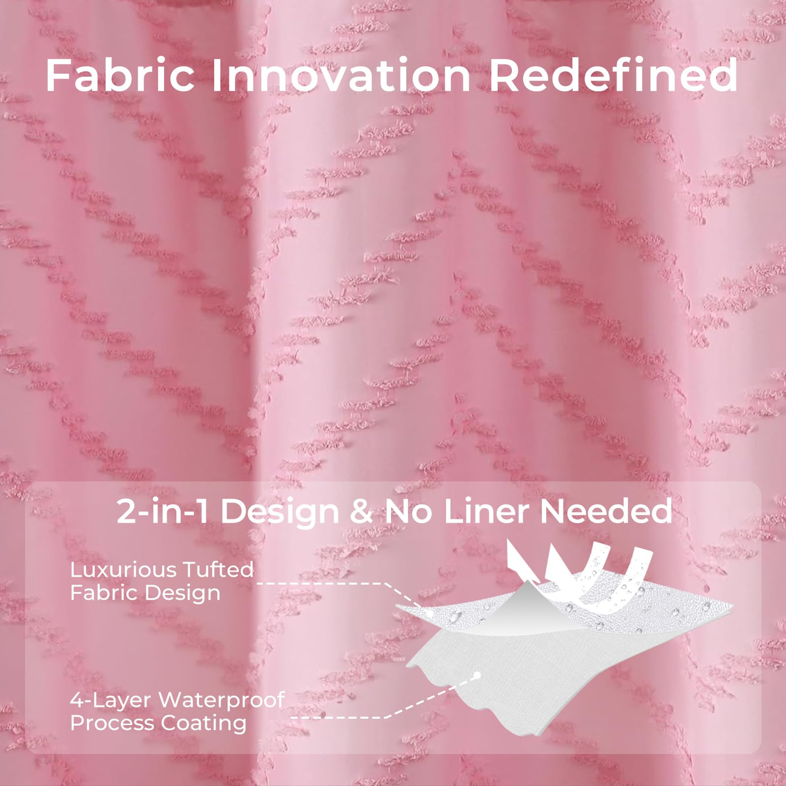 Pink Boho Shower Curtain - Tufted Chevron Textured Bathroom Decor, Modern Minimalist Striped Design, 72x72 Inches - Perfect for Boho Chic, Farmhouse & Modern Bathrooms