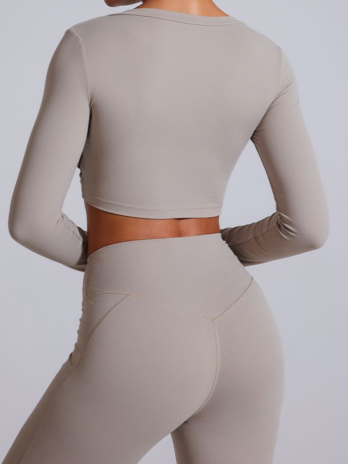ZASUWA Women's Twist Deep V-Neck Elastic Tight Quick Dry Long Sleeve Workout Top - Perfect for Yoga, Running & Gym Fitness