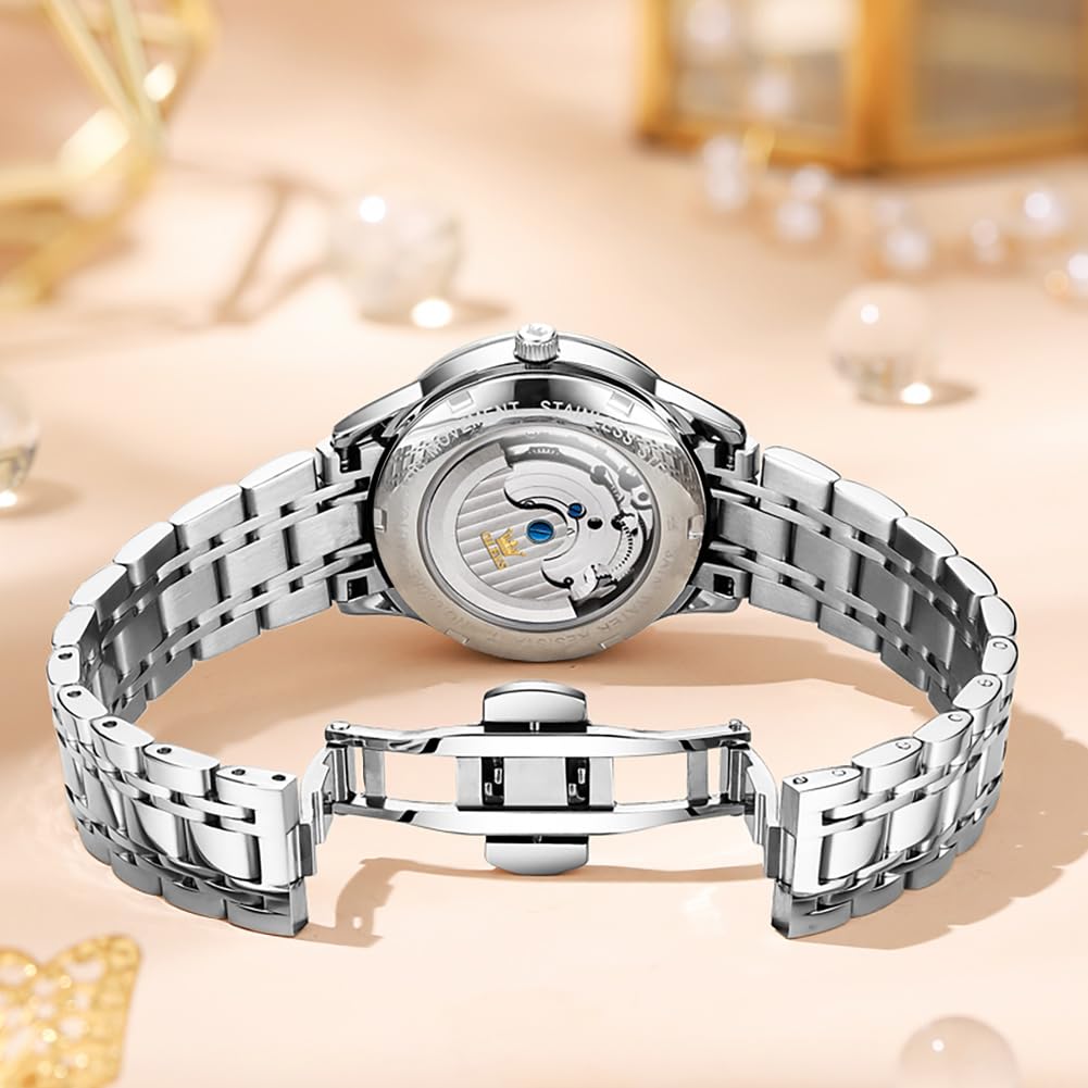 OLEVS Automatic Women's Watches with Diamond Tourbillon, Moon Phase & Luminous - Waterproof Dress Wristwatch for Business, Party & Formal Occasions
