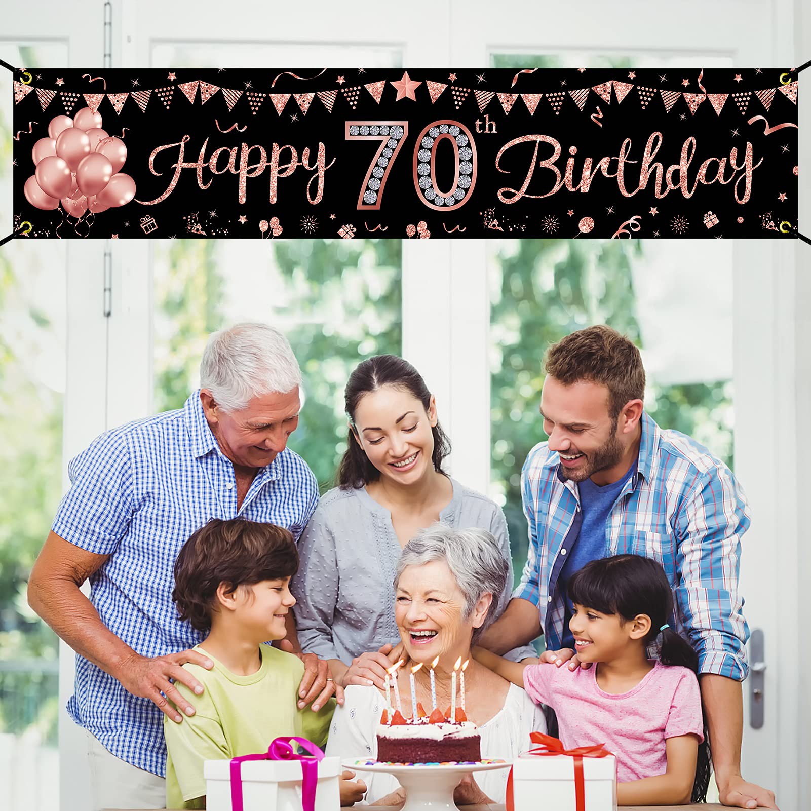 Rose Gold 70th Birthday Banner Decorations for Women - Happy 70 Year Old Party Sign Supplies - Indoor & Outdoor Celebration Decor - Perfect for Milestone Birthday Parties, Retirement Celebrations & Family Gatherings
