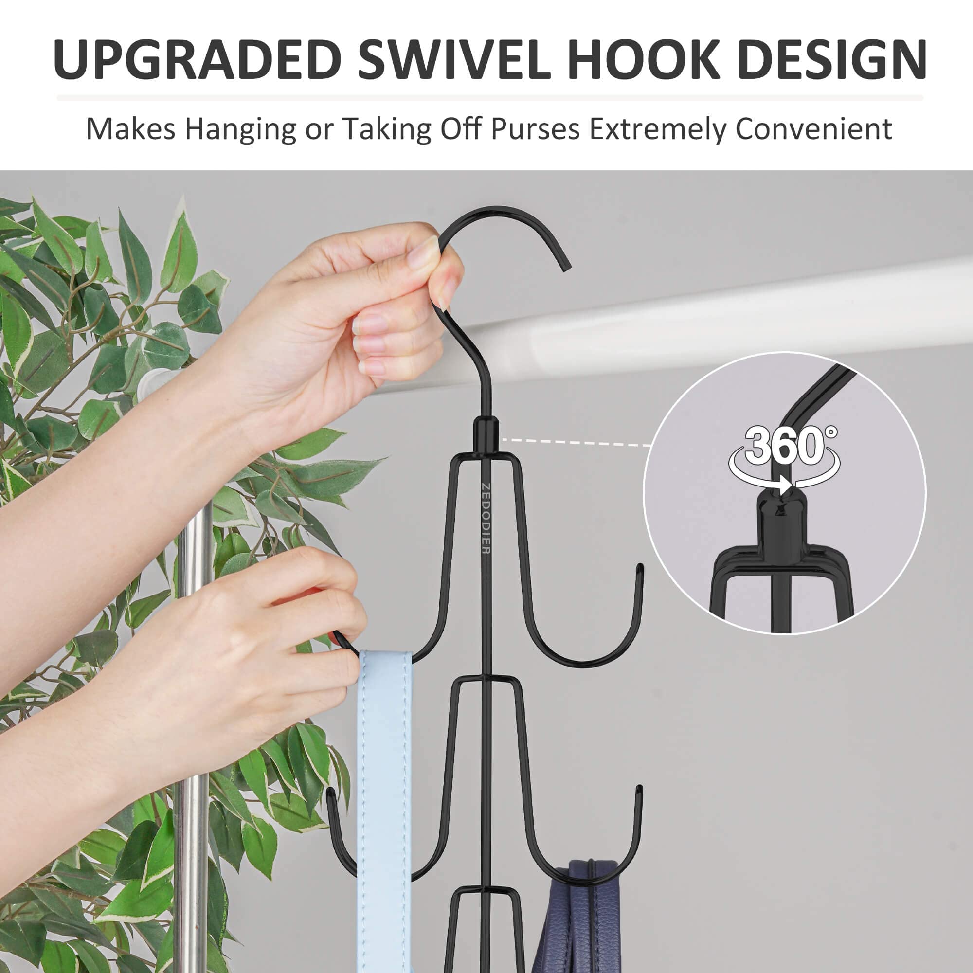 ZEDODIER 2-Pack Rotatable Purse Hanger Organizer - Metal Handbag & Backpack Storage Hook for Closet - Space Saving Bag Holder to Keep Purses Visible & Protected (Black) - Perfect for Bedroom, Walk-in Closet & Dorm Organization
