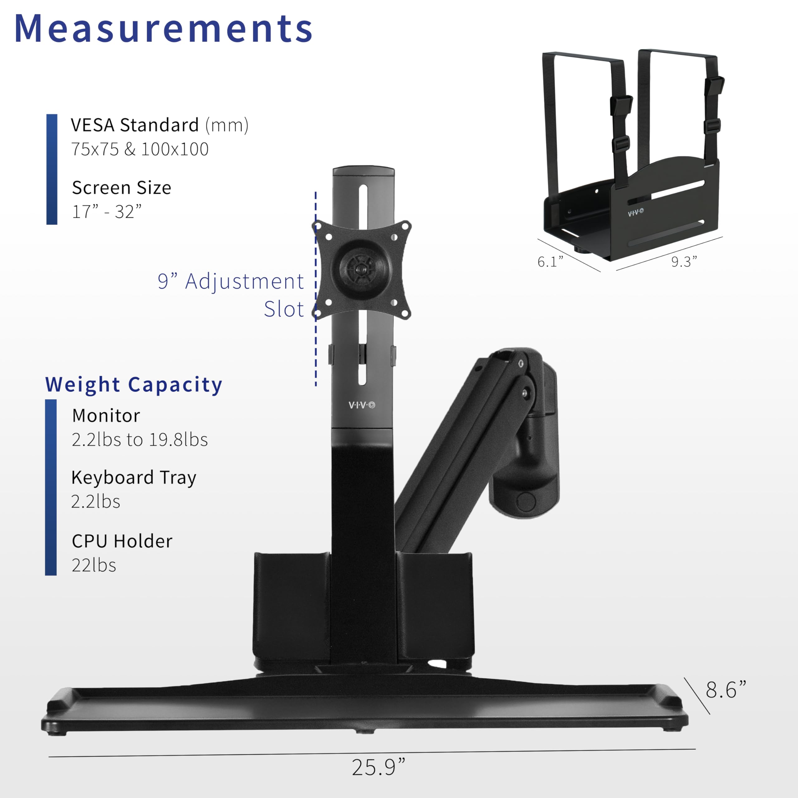 VIVO Premium Black Single Monitor and Keyboard Counterbalance Sit-Stand Wall Mount with CPU Holder - Ergonomic Standing Desk Workstation for Home & Office (STAND-SIT1WD) - Perfect for Small Spaces, Gaming Setups, and Productivity Workstations