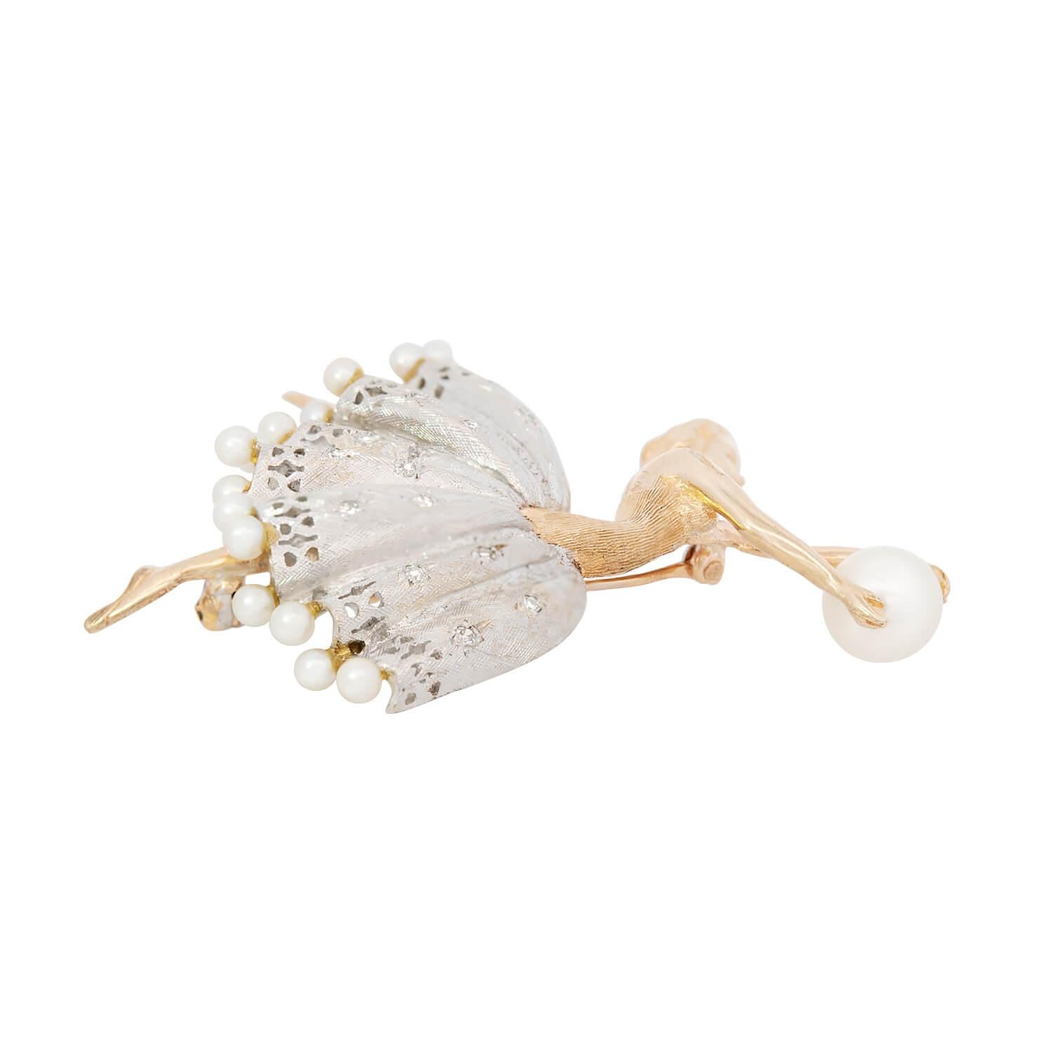 14K Gold Retro Ballerina Pin with Diamonds & Pearl - Elegant White & Yellow Gold Jewelry for Women - Perfect Gift for Dancers, Ballet Lovers & Special Occasions
