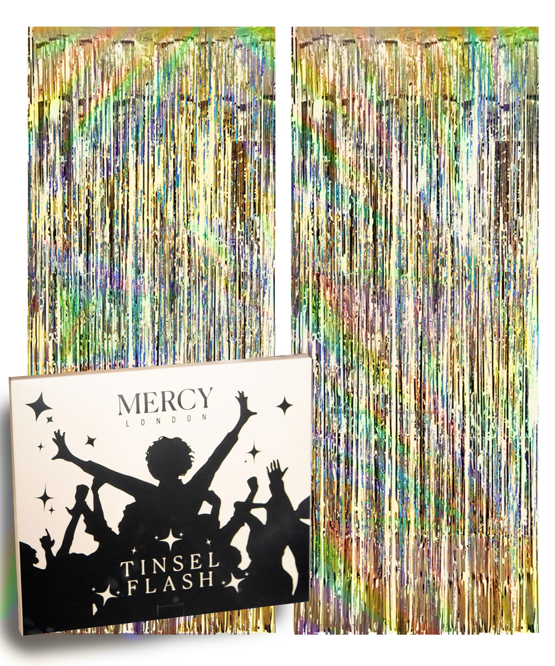 MERCY LONDON Holographic Champagne Gold Fringe Curtains - Shiny Party Decorations, Home Decoration & Photo Backdrop for Weddings, Baby Showers, Birthday Parties & Events (Tinsel Hologram Curtain)