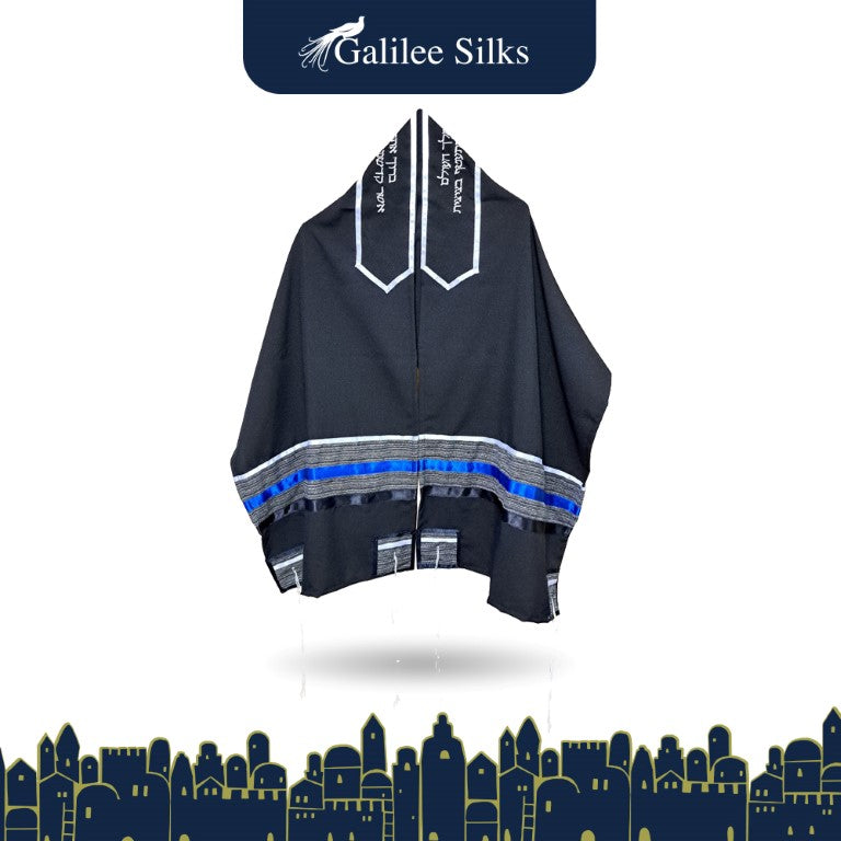 Bar Mitzvah Tallit - Black Prayer Shawl with Blue & White Stripes for Jewish Ceremonies, Wedding Tallit | Perfect for Synagogue, Coming of Age & Religious Celebrations