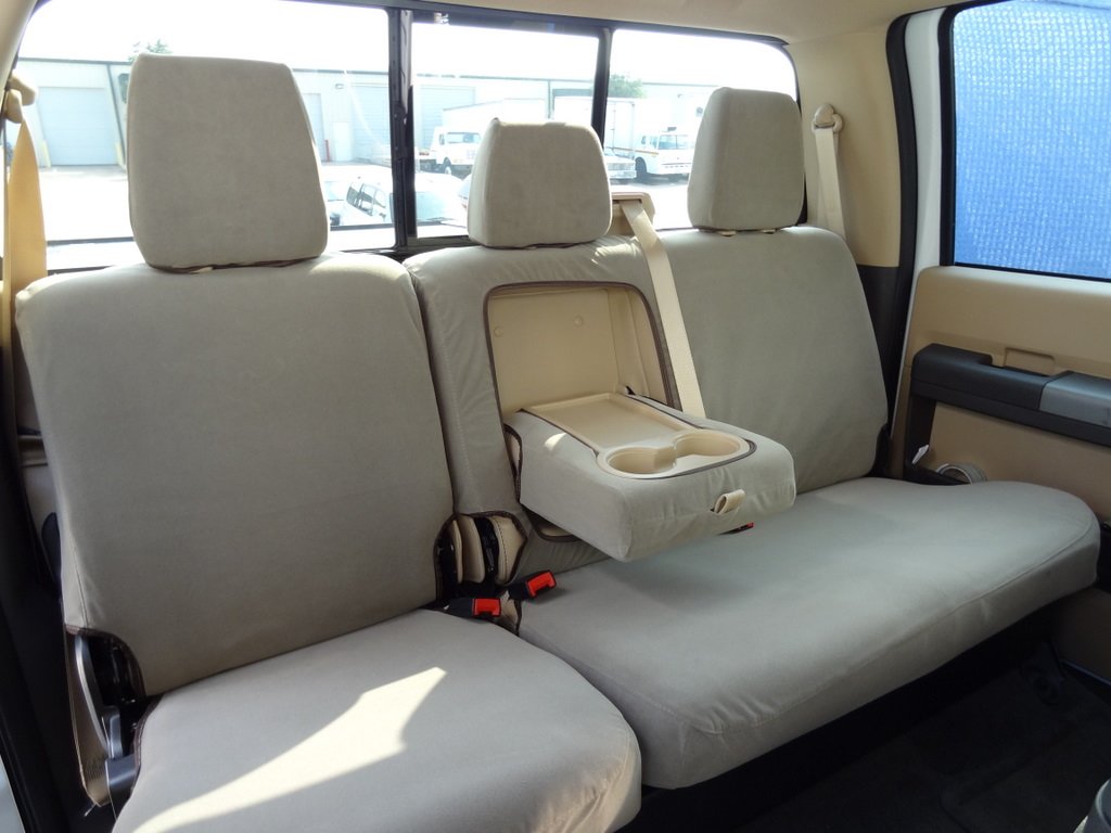 Premium Durafit Seat Covers for 2011-2015 Ford F250-F550 | Custom Fit Lariat & King Ranch Models | Front Bucket & 60/40 Rear Bench | Tan/Taupe Twill-Velour Fabric | Integrated Seat Belts | Perfect for Truck Enthusiasts & Off-Road Adventures