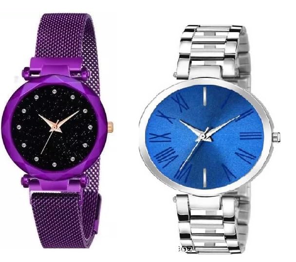 Analog Black Dial Magnet & Metal Strap Watch for Women & Girls - Fashionable & Adjustable (SR-699 AT-6991) - Pack of 2 - Perfect for Casual Wear, Office & Everyday Use