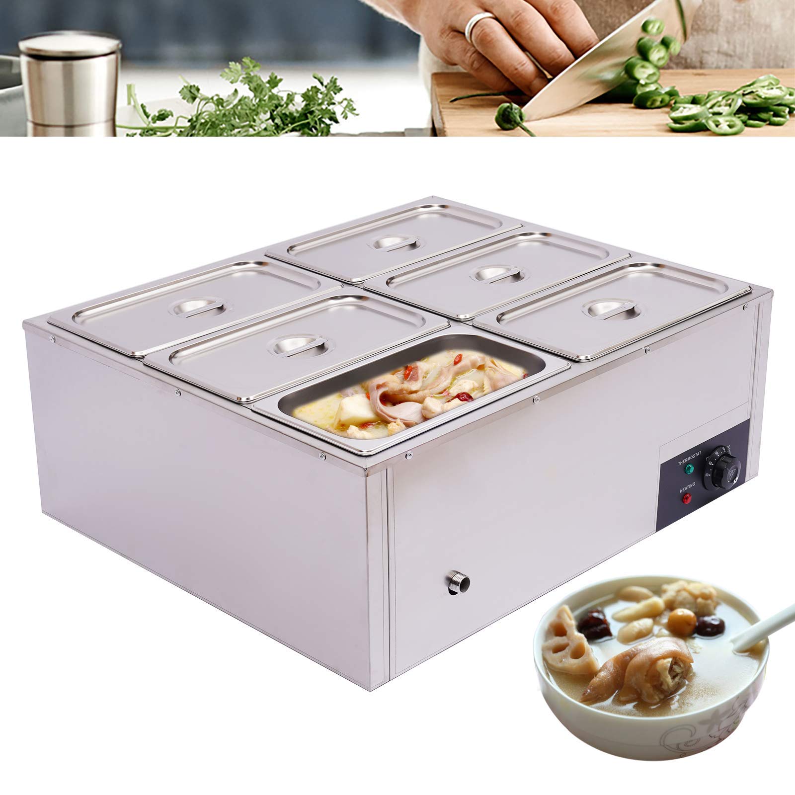 6-Pan Commercial Food Warmer 110V Buffet Warming Tray - 850W Stainless Steel Electric Soup Pot with Adjustable Temperature (30-85°C) for Catering, Restaurants & Buffets - Perfect for Keeping Soups, Sauces & Dishes Warm at Events