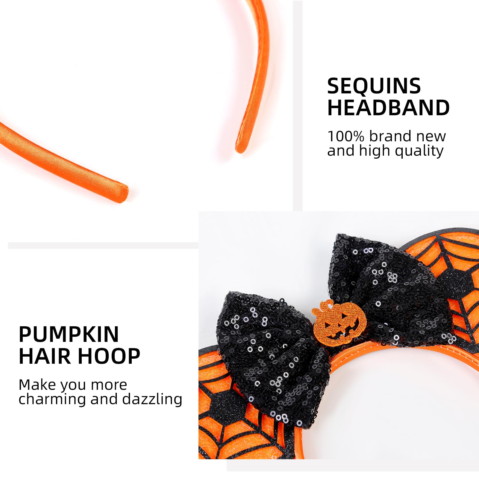 WOVOWOVO Halloween Mouse Ears Headbands for Women & Girls - Sparkly Bow Hair Accessories with Pumpkin & Web Sequin Design | Costume Party, Cosplay, Trick or Treat Accessories