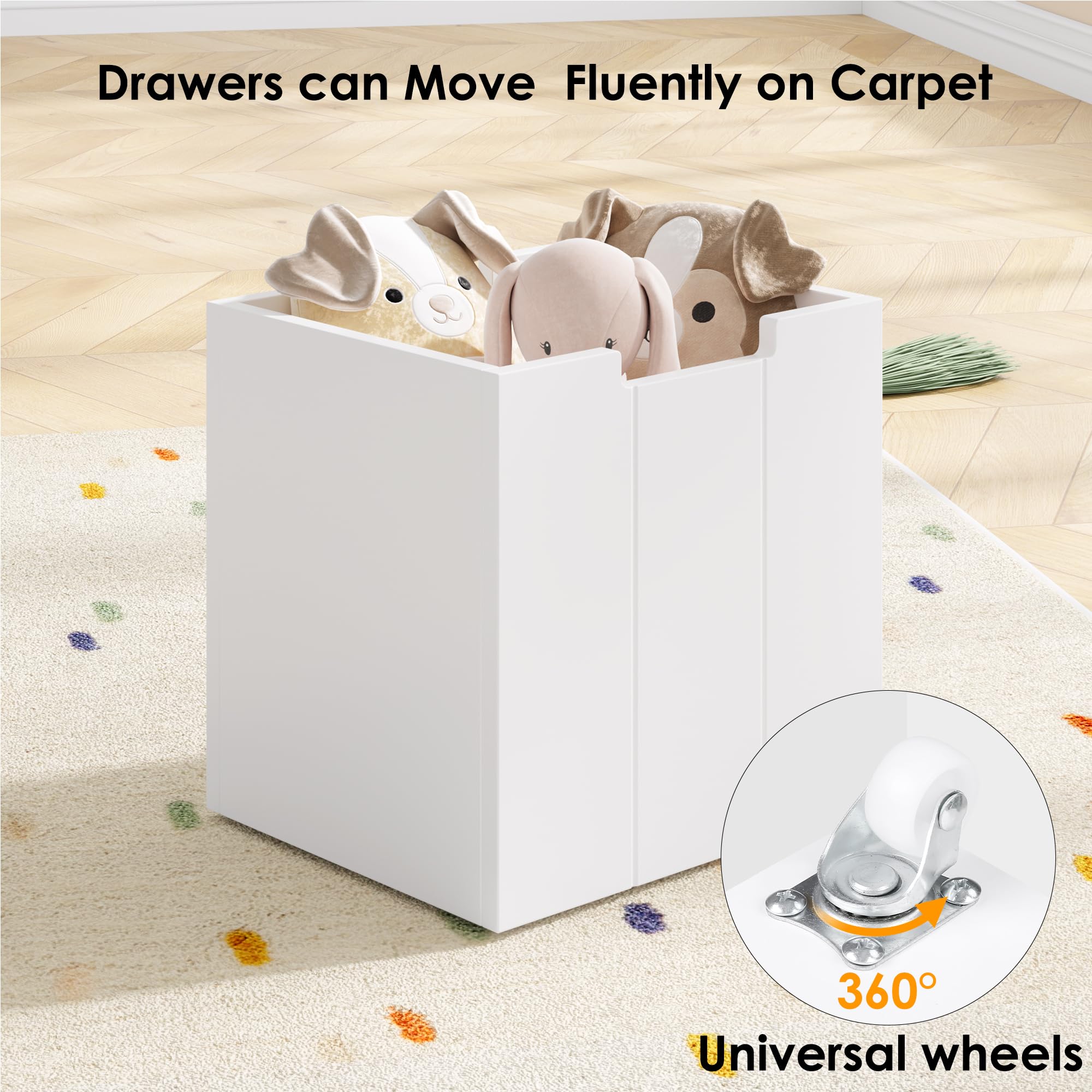 FOTOSOK 4-Drawer Toy Storage Organizer with Wheels & 5 Cubbies - Multifunctional Kids Playroom Furniture for Toys, Books & Crafts - White (Perfect for Nursery, Daycare & Home Organization)