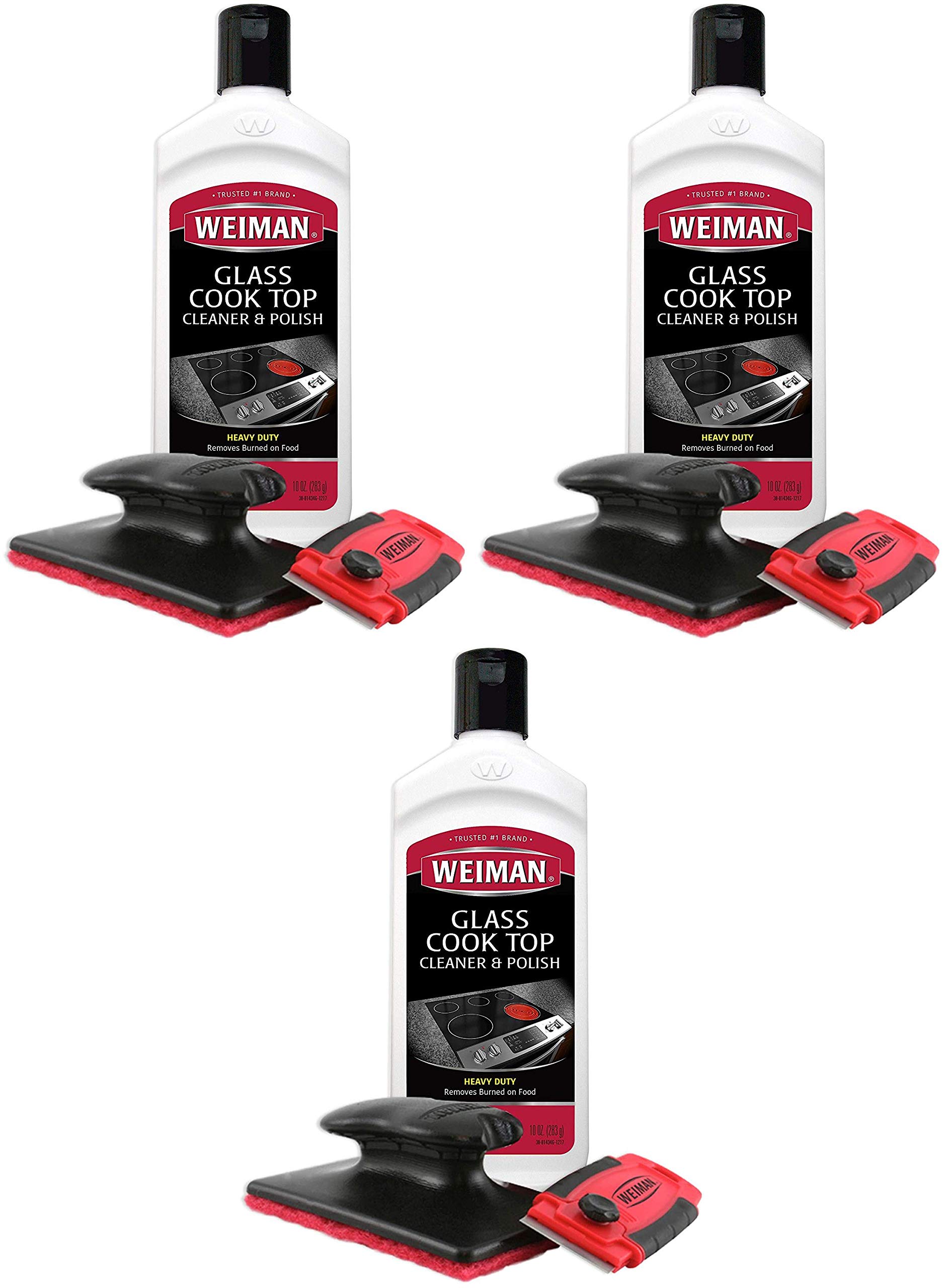 Weiman Cooktop Cleaner Kit - 10 oz Glass Stove Top Cleaner & Polish with Scrubbing Pad, Razor Scraper (3-Pack) - Perfect for Electric, Ceramic & Induction Cooktops