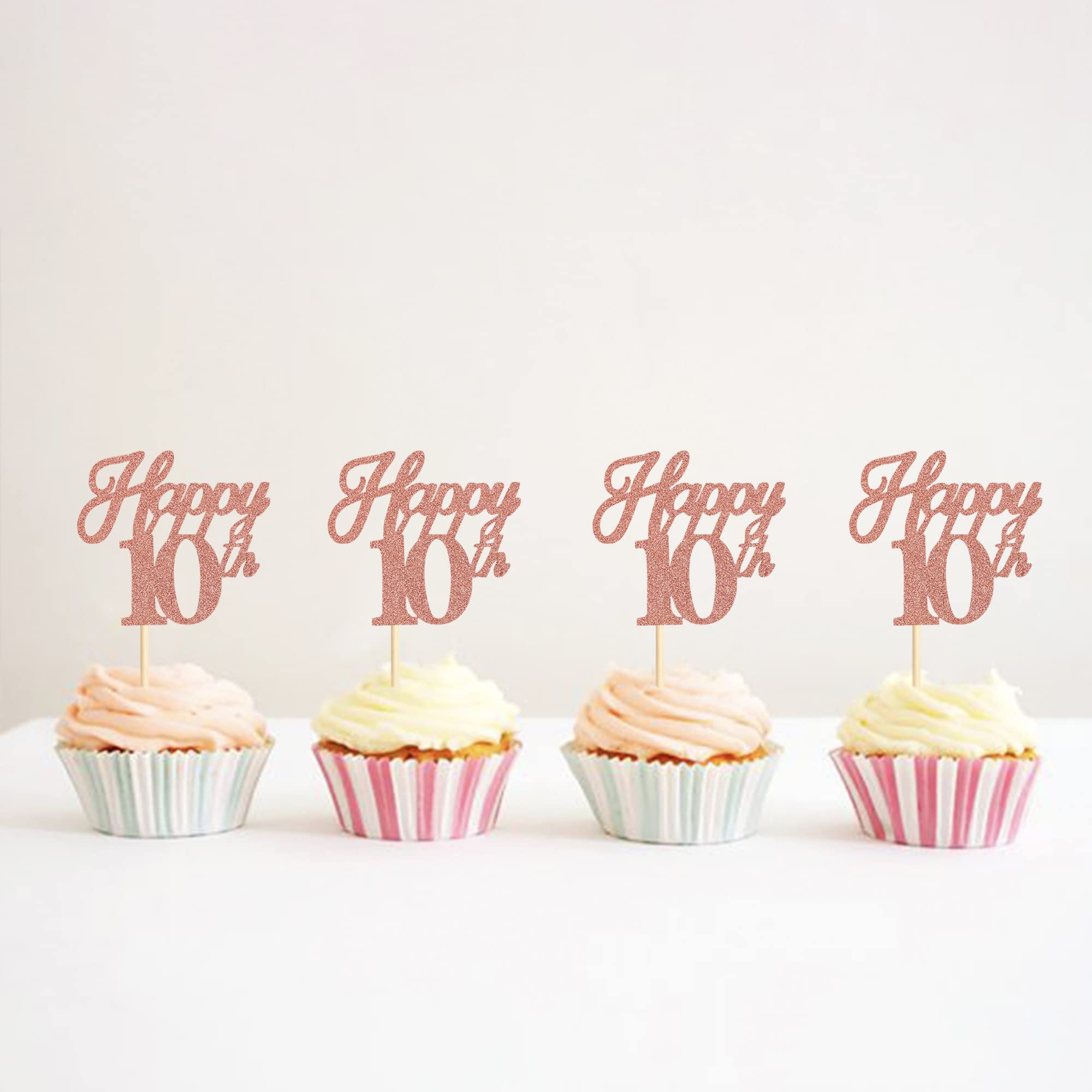 Ercadio 24 Pack Rose Gold Glitter 10th Birthday Cupcake Toppers - Hello 10 Cupcake Decorations for Anniversary, Wedding & Party Cake Supplies | Perfect for Kids Birthday, Milestone Celebrations & Special Events