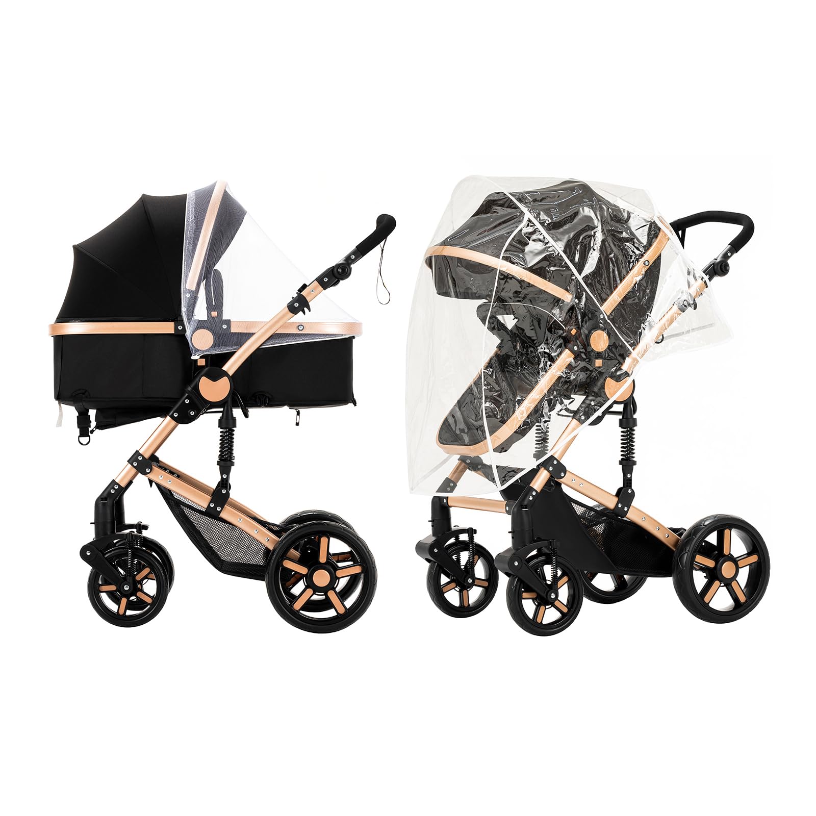 3 in 1 Baby Travel System - Reversible Stroller with Car Seat Base | Foldable Luxury Pram for Newborn & Toddler | Portable Pushchair for Shopping, Park & Travel (UD588-BLACKGOLD)