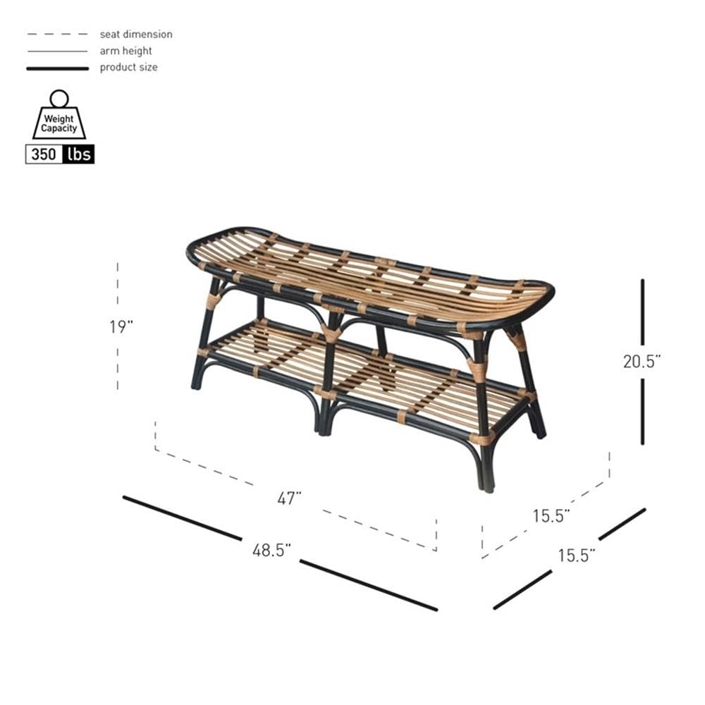 Damara Rattan Bench with Shelf - Black Outdoor Furniture for Patio, Garden, and Entryway Decor