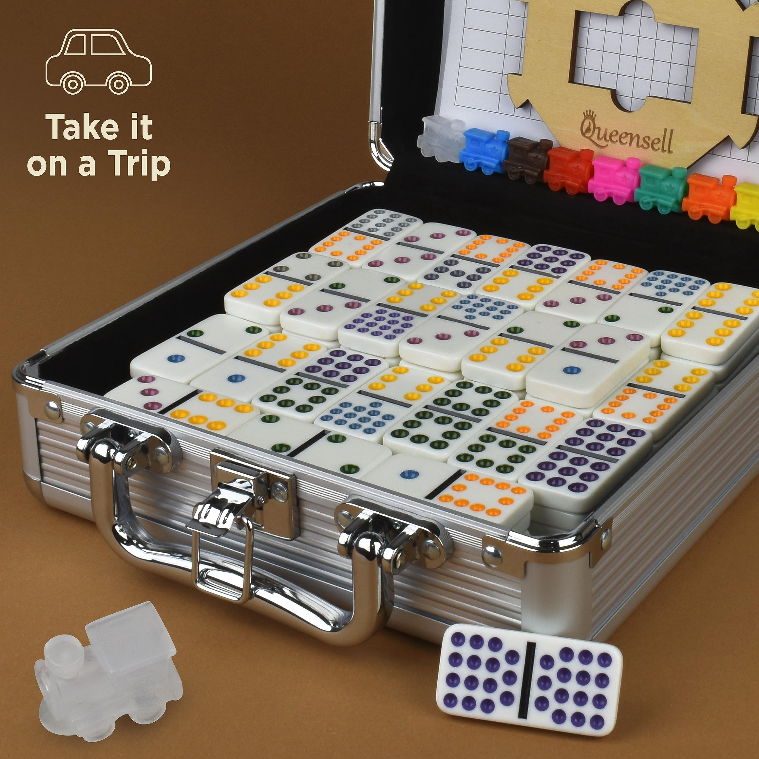 Queensell Mexican Train Dominoes Set Double 15 - 136 Color Dot Tiles with 9 Trains & Wooden Hub in Aluminum Case - Family Board Game for Adults & Kids | Perfect for Game Nights, Parties & Travel