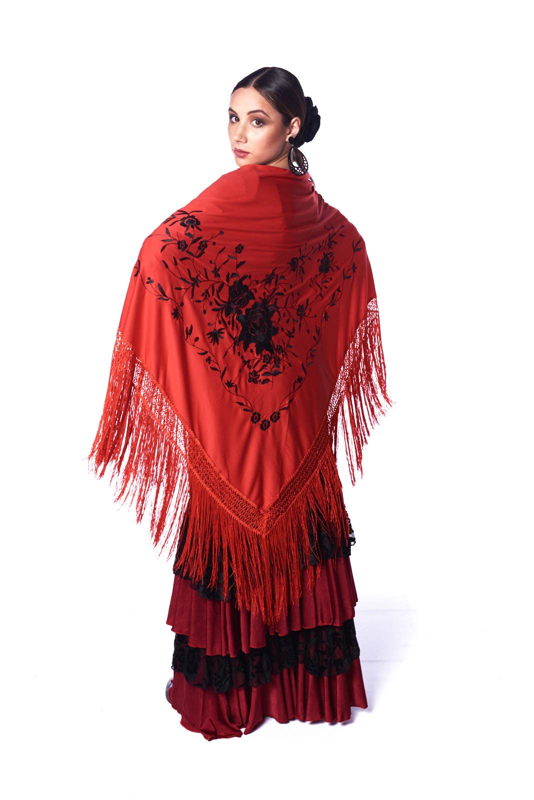Handmade Flamenco Dance Shawl - Red Triangle Scarf with Fringe & Embroidered Roses (75x35 Inch) | Perfect for Spanish Dance Performances, Festivals & Boho Fashion Accessories