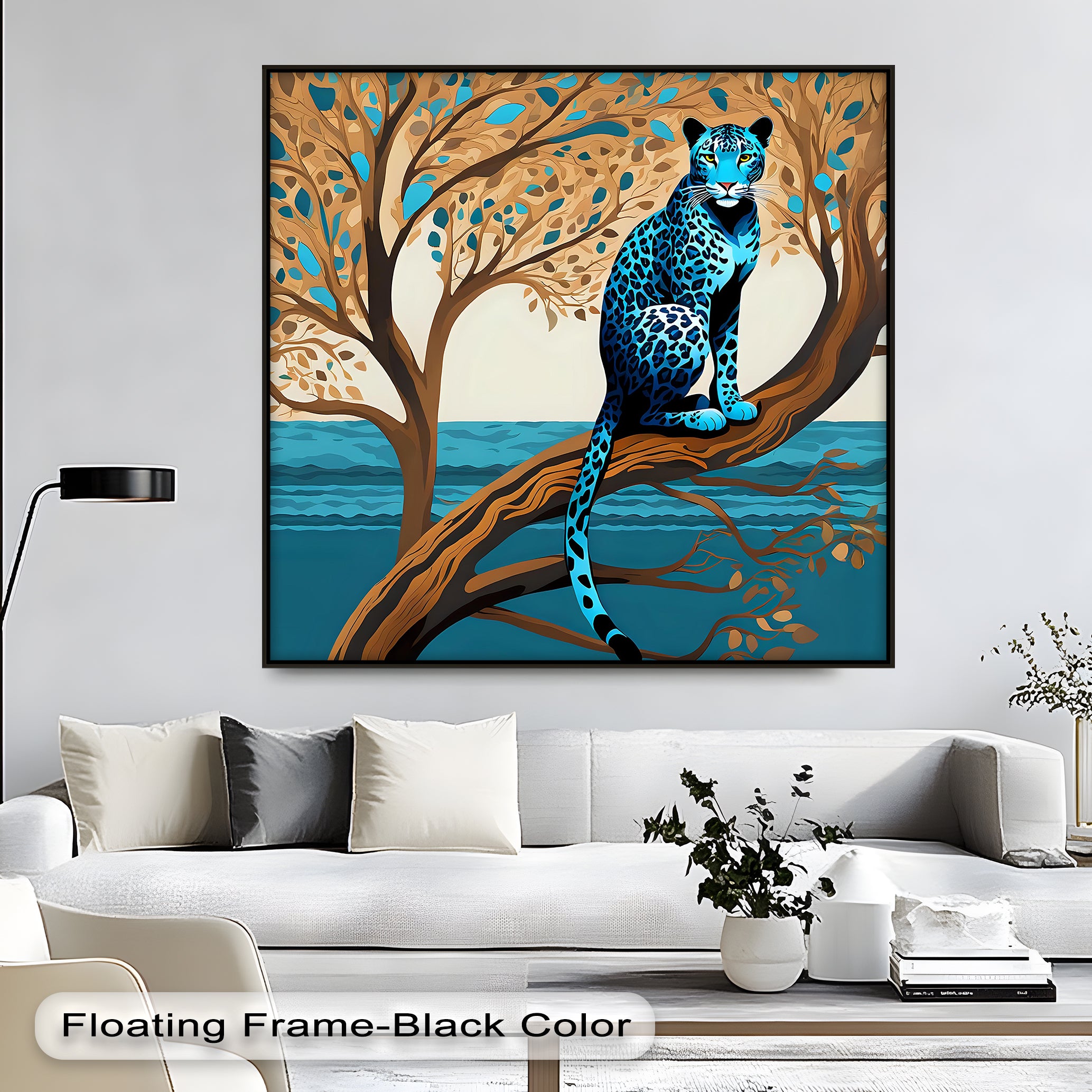 Blue Leopard in Tranquil Tree - Modern Jungle Animal Canvas Wall Art Print for Living Room, Bedroom & Office Decor