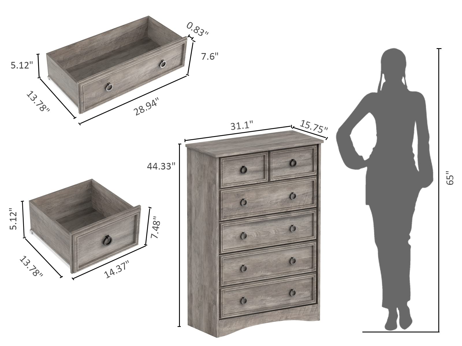 Modern 6-Drawer Dresser for Bedroom - 44.33