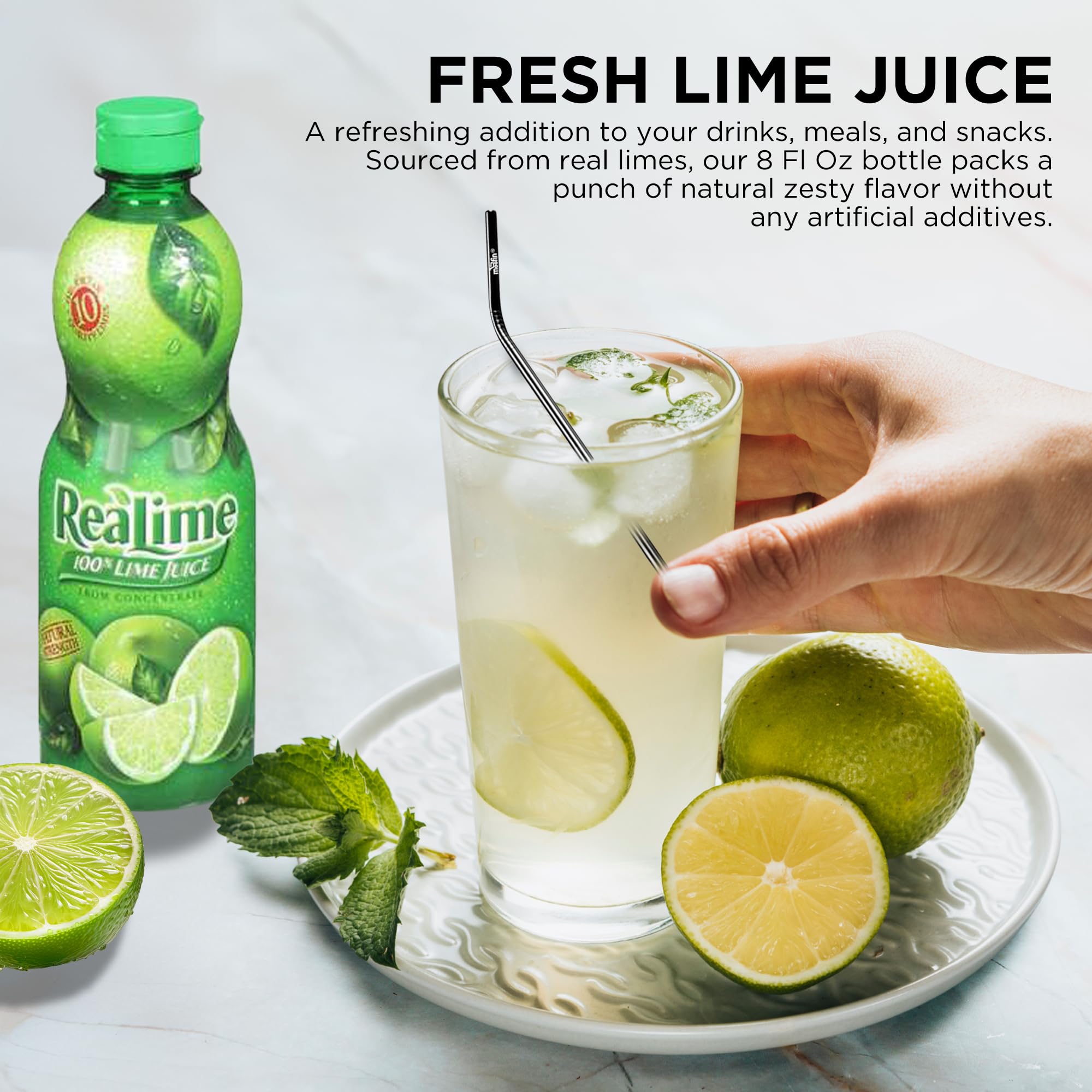 Organic Lime Juice 8 Fl Oz - 100% Natural Fresh Lime Juice for Cocktails, Cooking & Healthy Snacks | No Artificial Flavors | Includes Moofin SS Metal Straw | Perfect for Margaritas, Salad Dressings & Hydration (Pack of 3)