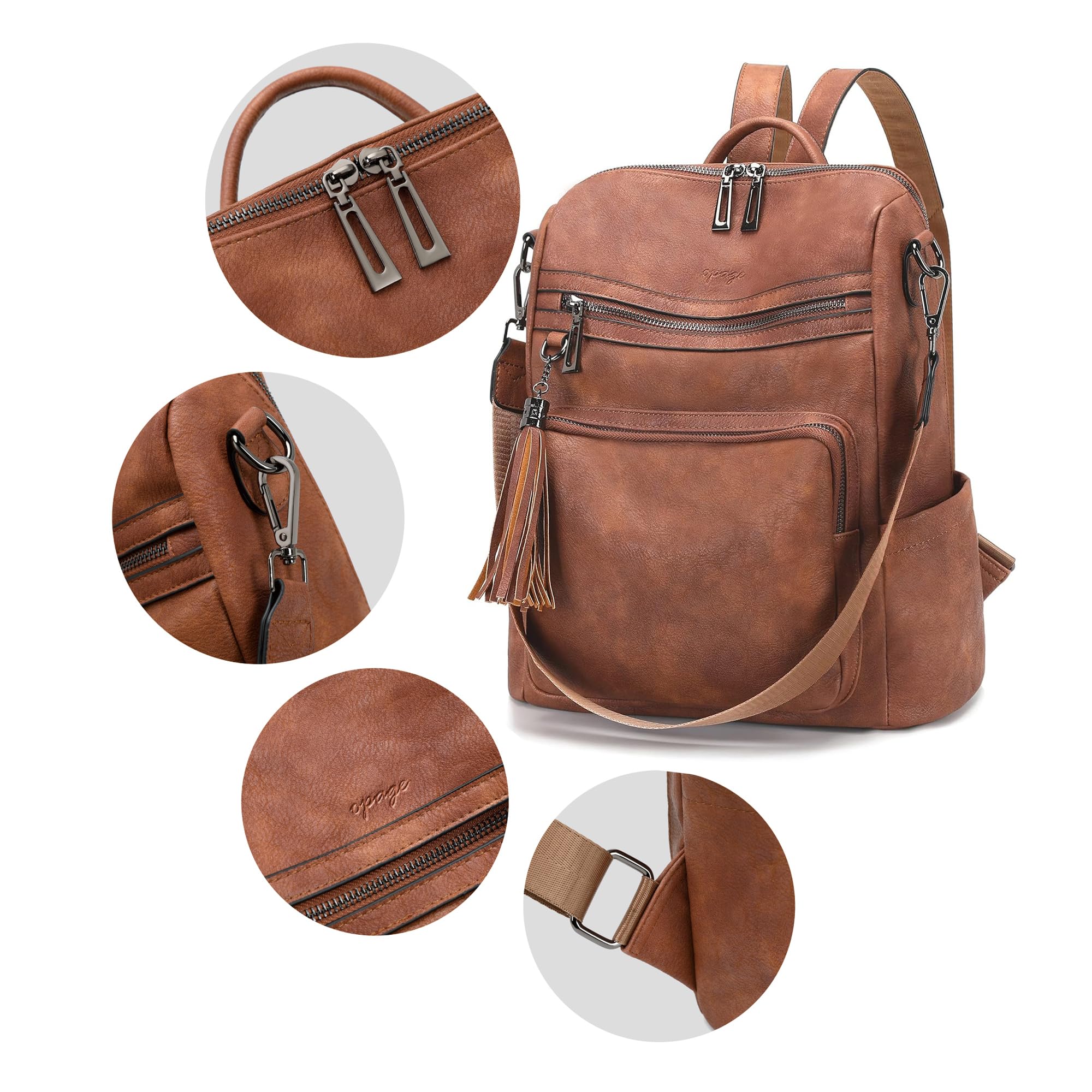 OPAGE Genuine Leather Backpack Purse for Women - Stylish Tassel Shoulder Bag, Large Designer Travel Backpack for Work, College & Daily Use