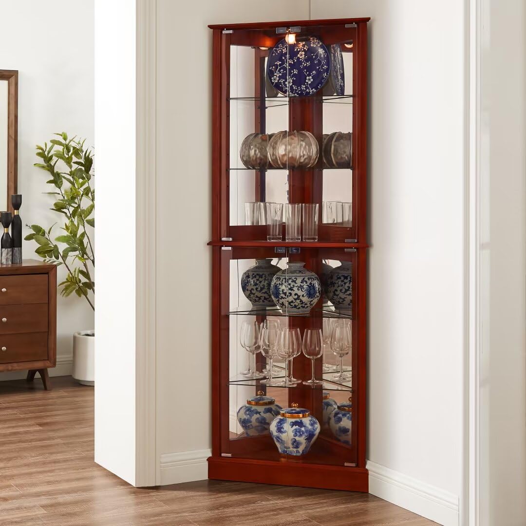 Lighted Corner Curio Cabinet with Adjustable Shelves - Wooden Display Case for Living Room, China Hutch with Tempered Glass Doors - Cherry Accent Cabinet for Bar, Liquor Storage & Home Decor | Perfect for Showcasing Collectibles, Fine China & Wine Collections