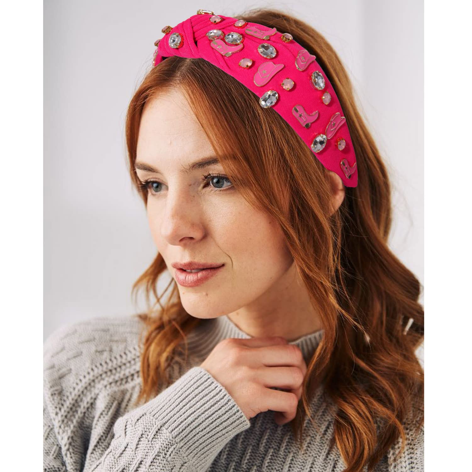 Mokkia Hot Pink Rhinestone Crystal Knotted Headband for Women - Western Cowgirl Hair Accessories, Wide Headband for Boots Hats, Spring Summer Fashion Headwear (Rose Red) - Perfect for Rodeo, Concerts, and Outdoor Events